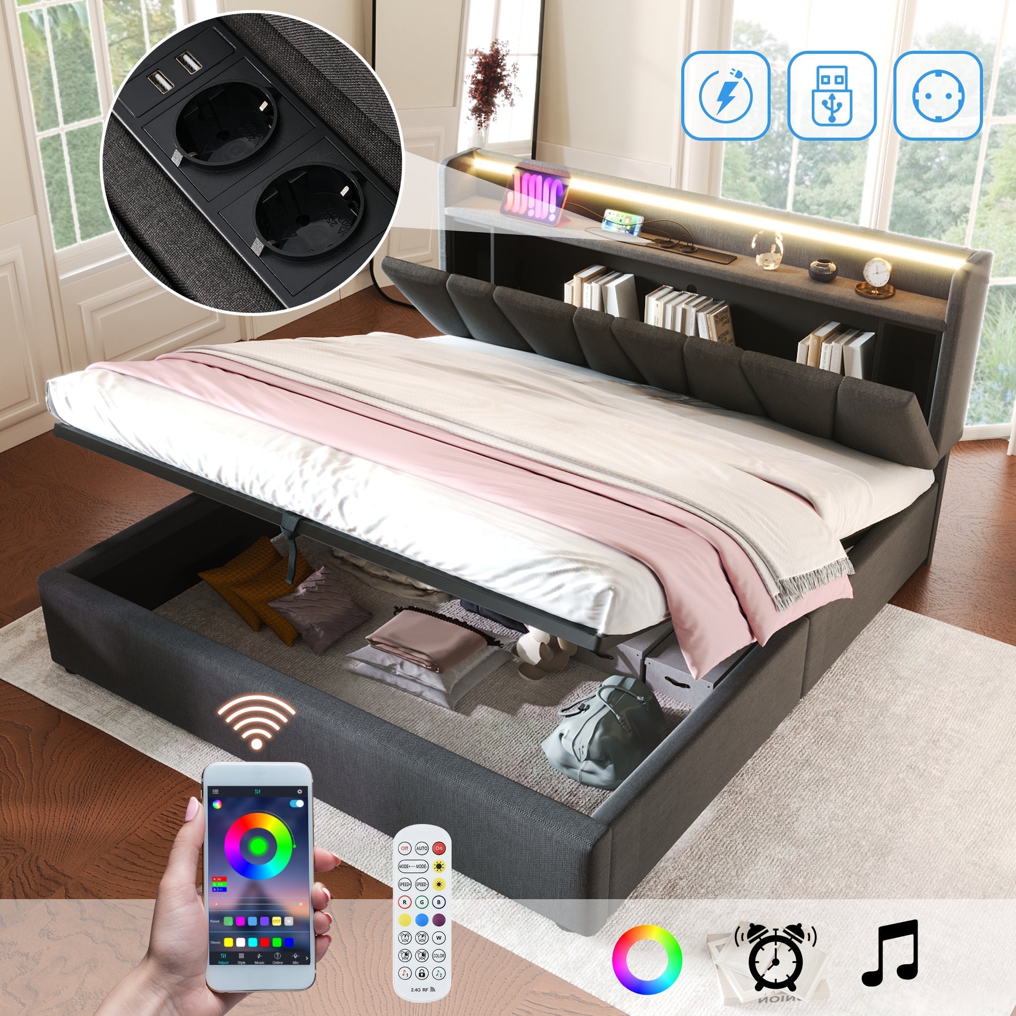 Upholstered Double Bed, USB Charging & LED Storage Headboard, 140x200cm, Gray