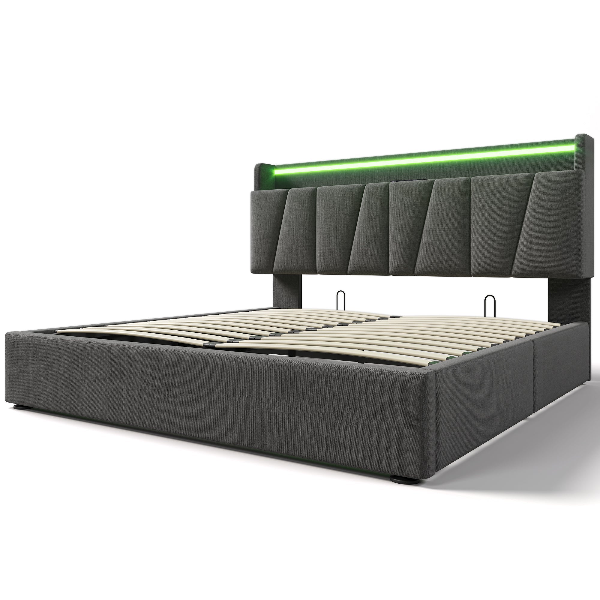 Upholstered Double Bed, 160x200cm, USB Charging, LED Lighting, Storage Headboard, Gray