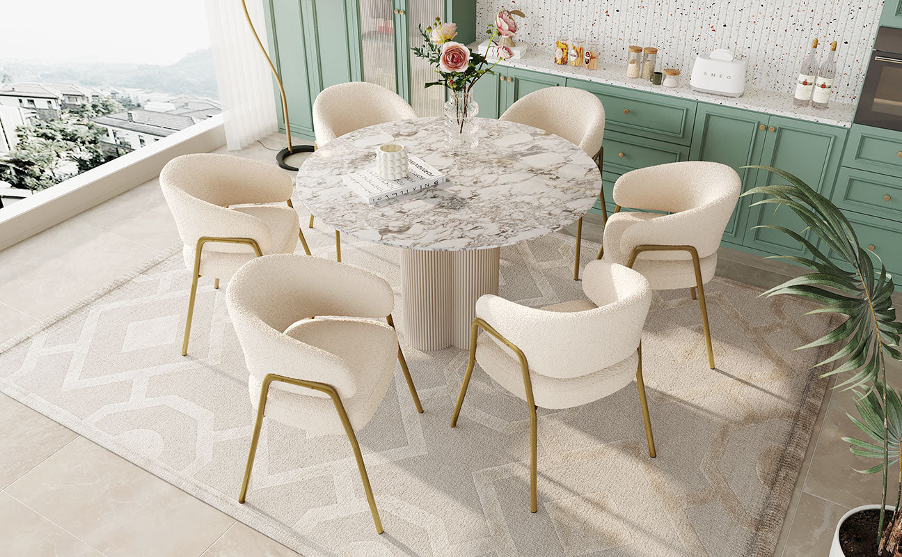 Dining Chair (Set of 6) Modern Lambskin Velvet Upholstered Golden Legs White/Gold