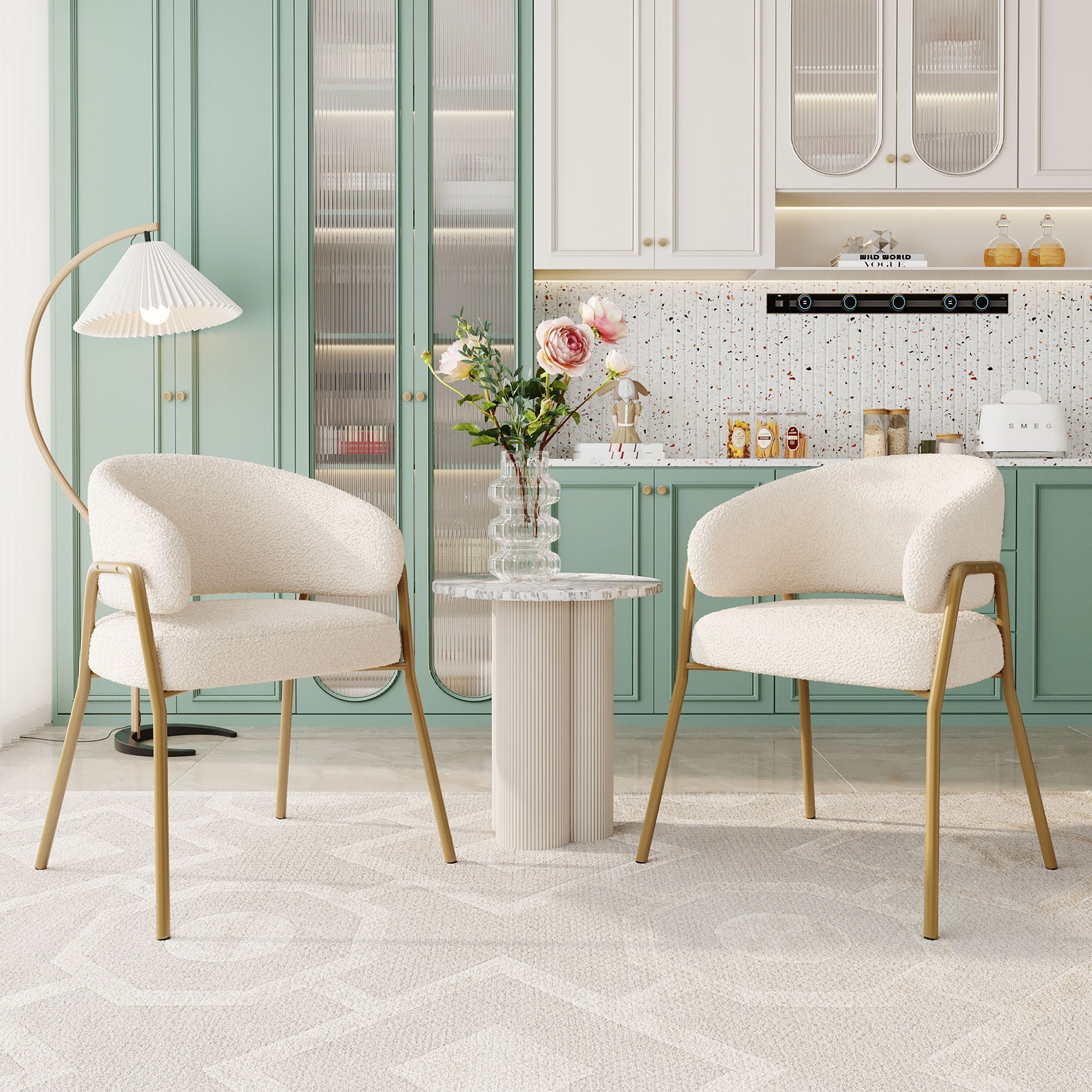 Dining Chair (Set of 2), Modern Lambskin Velvet with Golden Legs, White/Gold