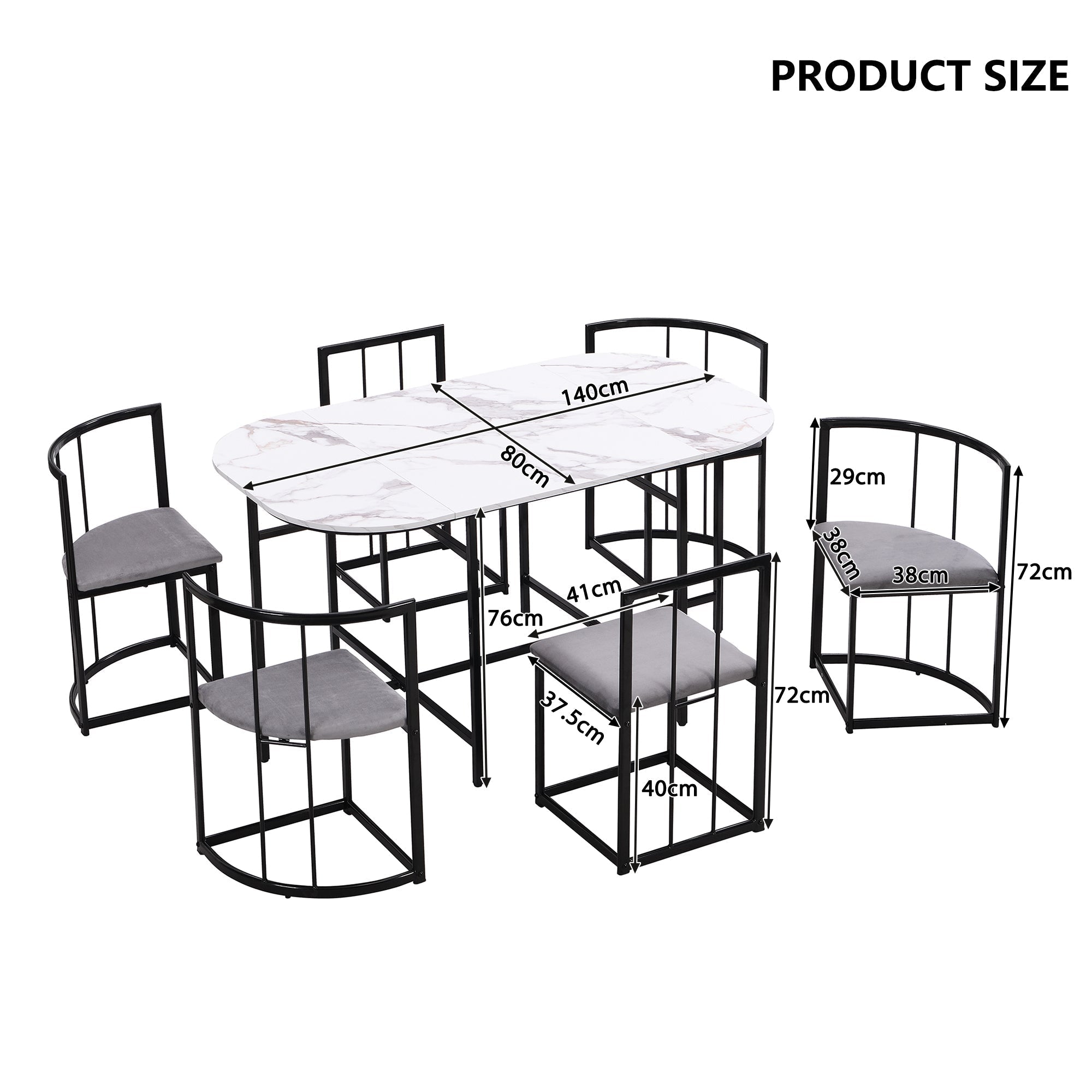 Six-Chair Dining Table Set - White Tabletop, Grey Cushions - Black Iron Frame