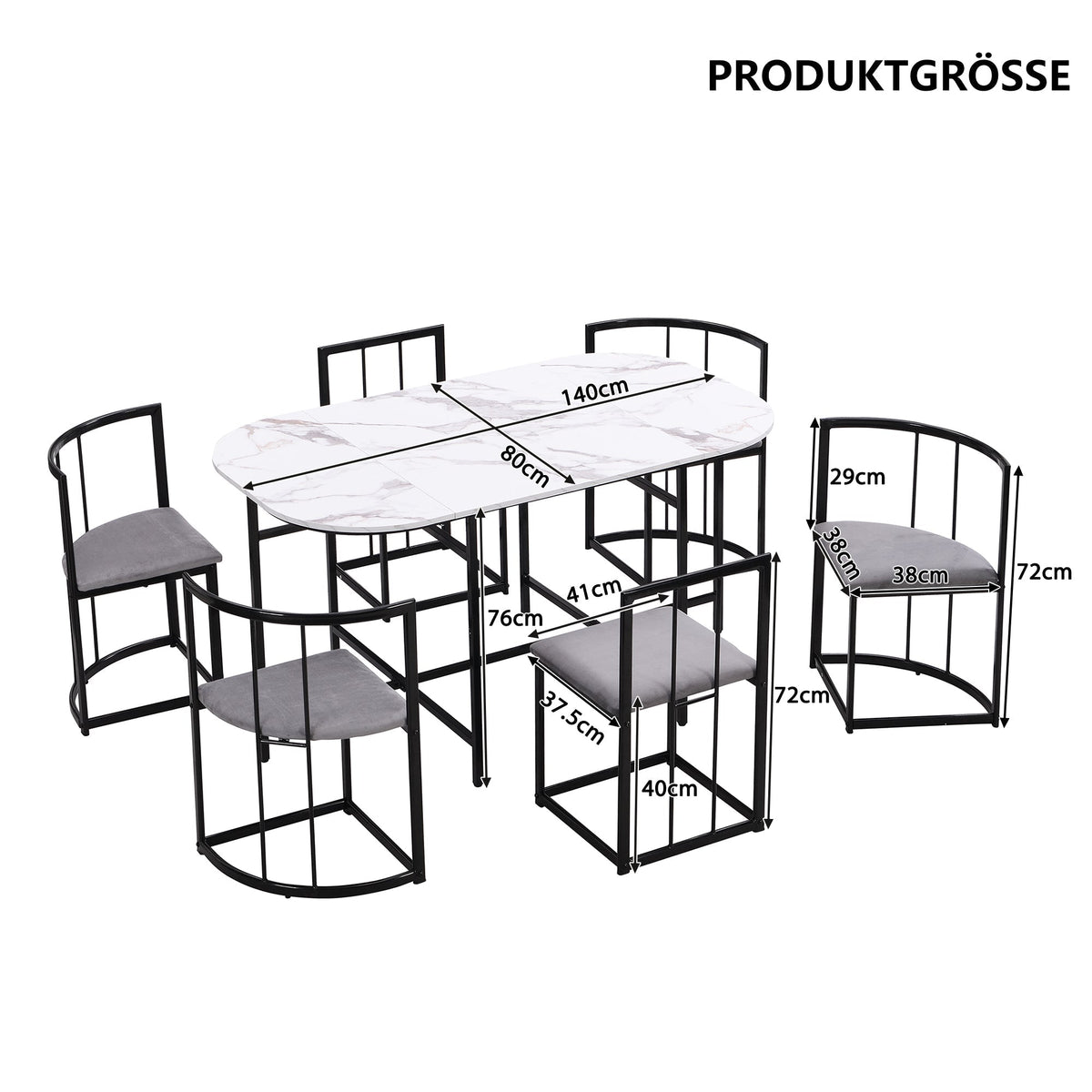 Six-Chair Dining Table Set - White Tabletop, Grey Cushions - Black Iron Frame