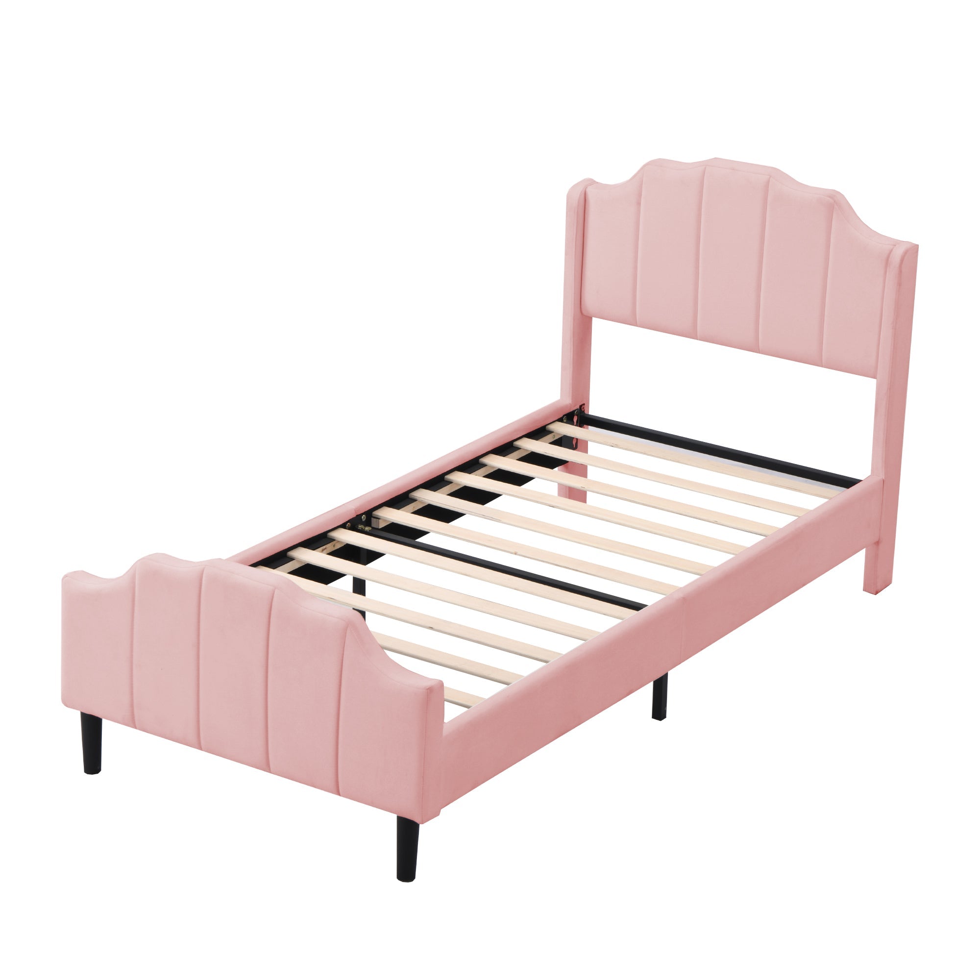 Upholstered Bed 90 x 200 cm with Headboard, Footboard & Slatted Frame, Pink Velvet
