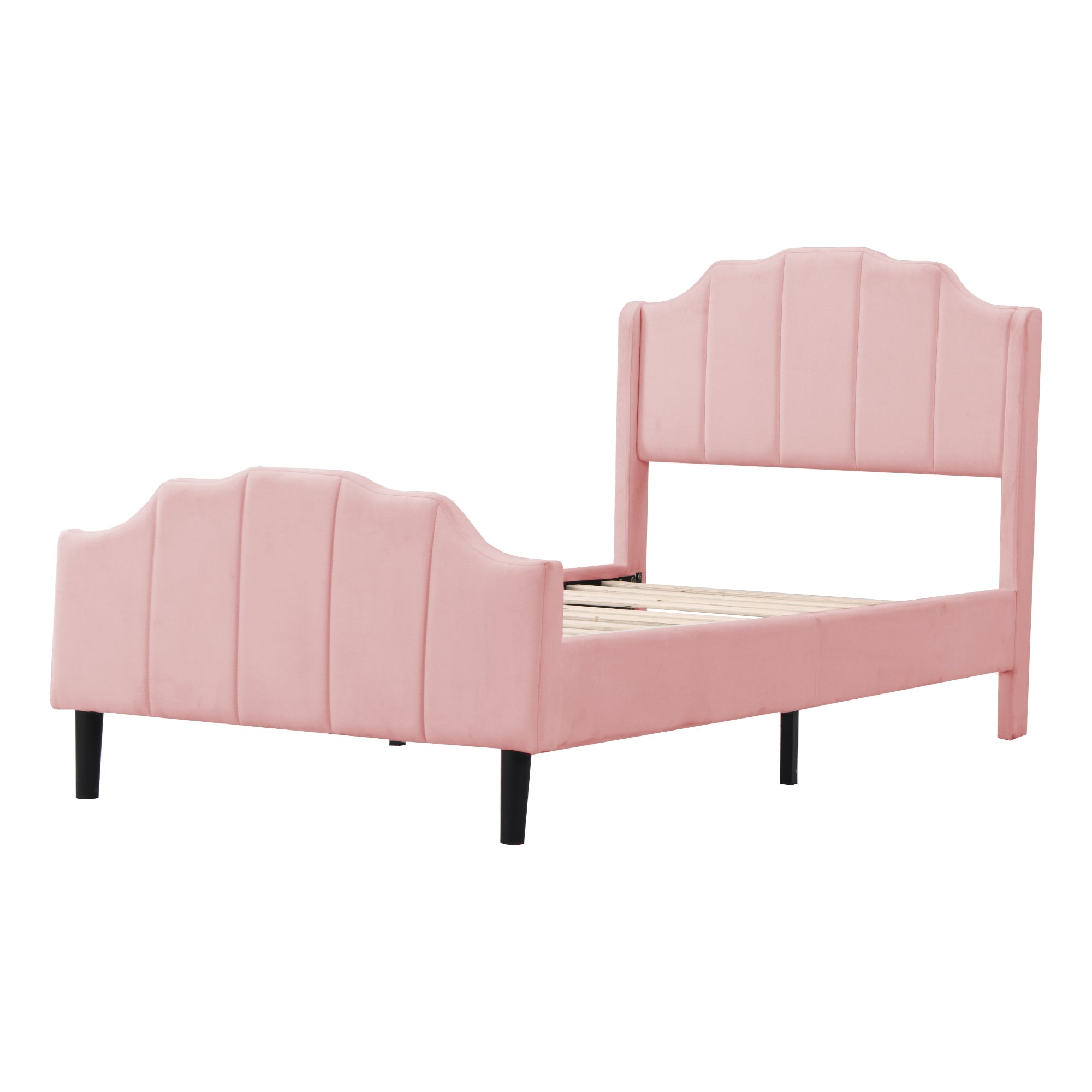 Upholstered Bed 90 x 200 cm with Headboard, Footboard & Slatted Frame, Pink Velvet