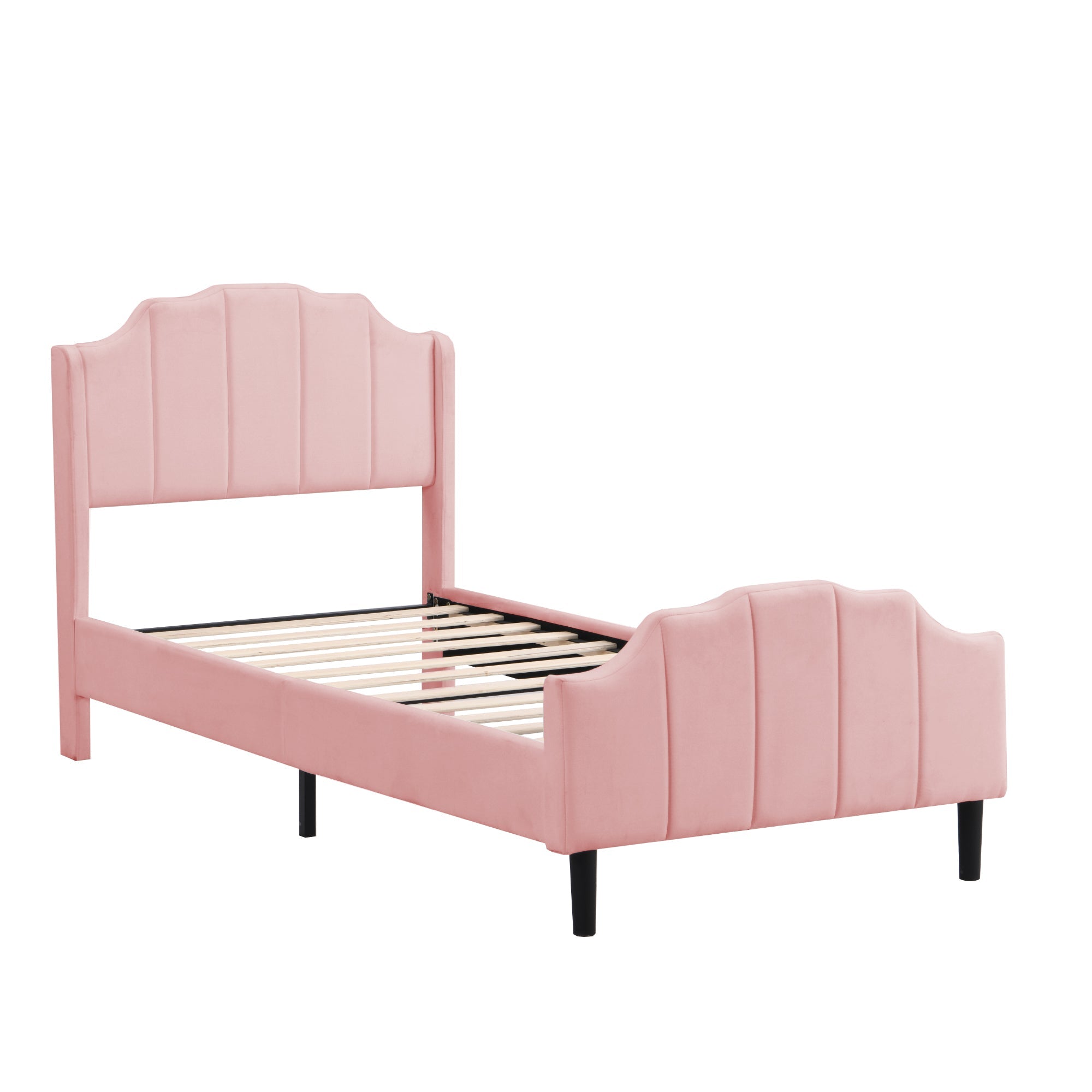 Upholstered Bed 90 x 200 cm with Headboard, Footboard & Slatted Frame, Pink Velvet