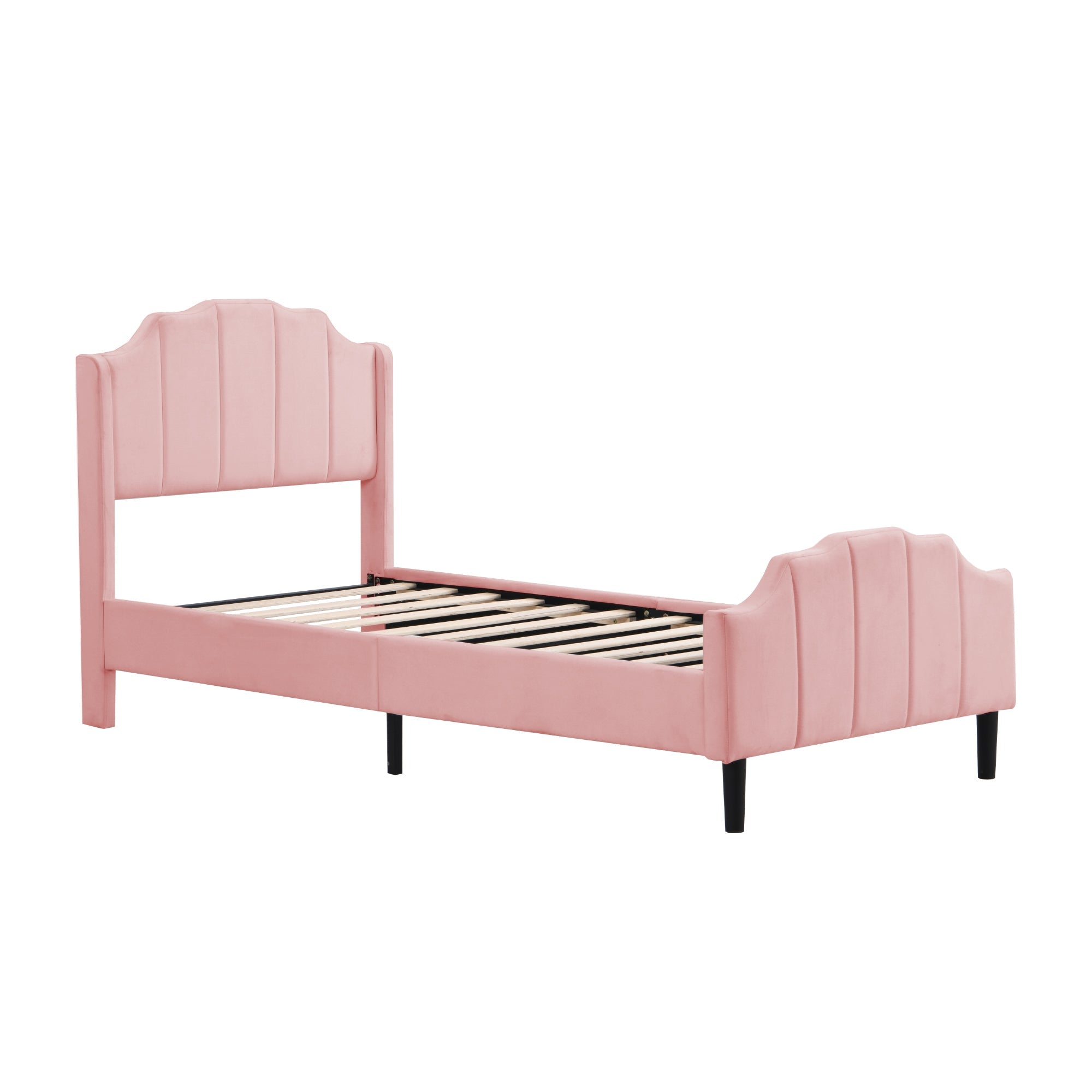 Upholstered Bed 90 x 200 cm with Headboard, Footboard & Slatted Frame, Pink Velvet