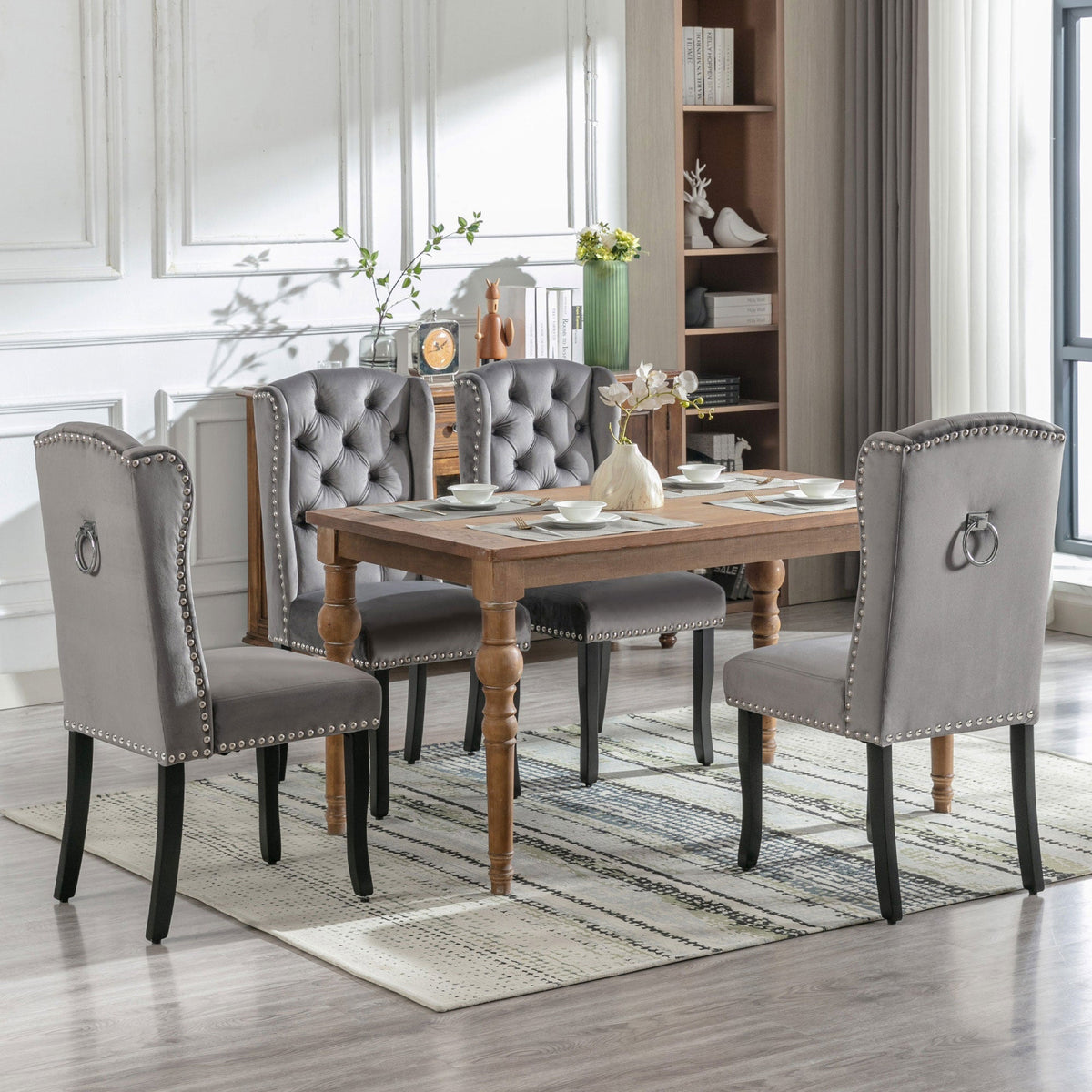 Velvet Dining Chairs Set of 2 Oak Legs Nailhead Trim - Grey
