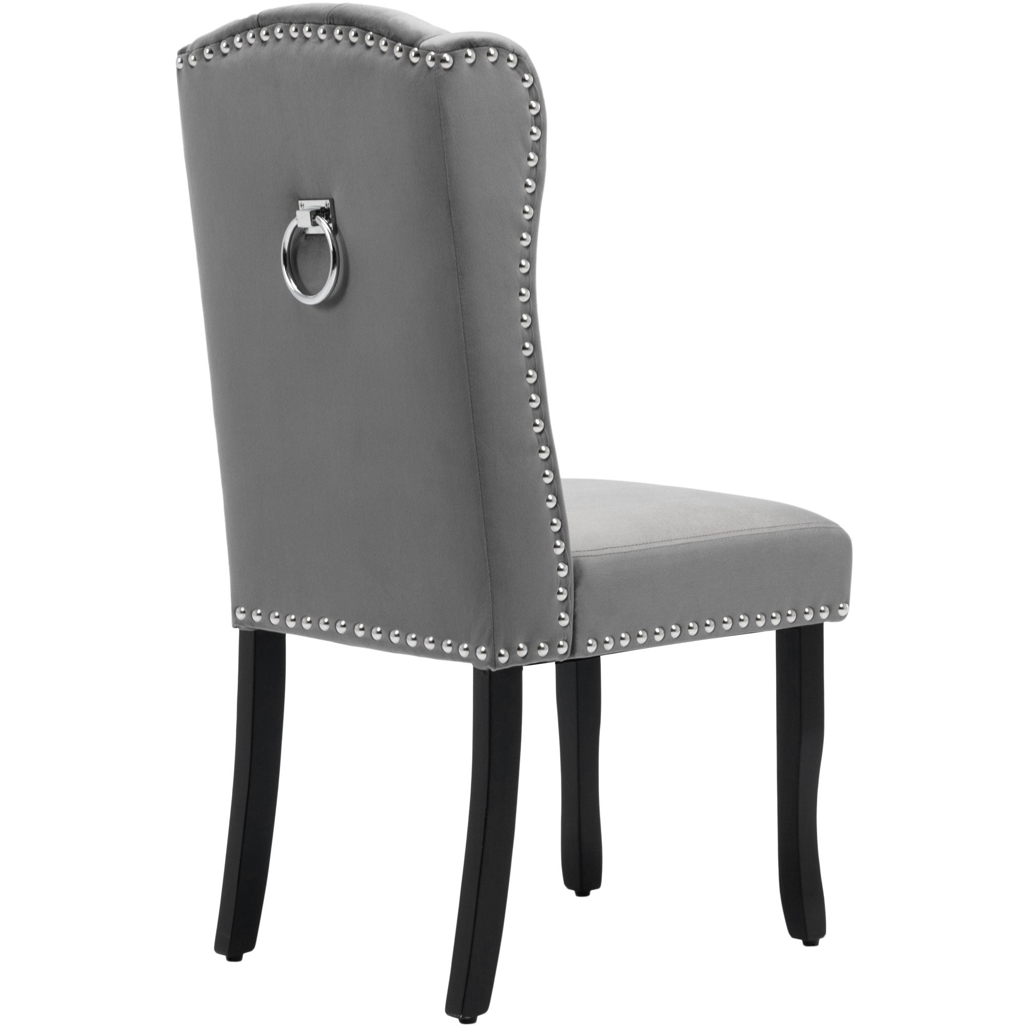 Velvet Dining Chairs Set of 6 | Oak Legs Chrome Knocker Nailhead Trim - Grey