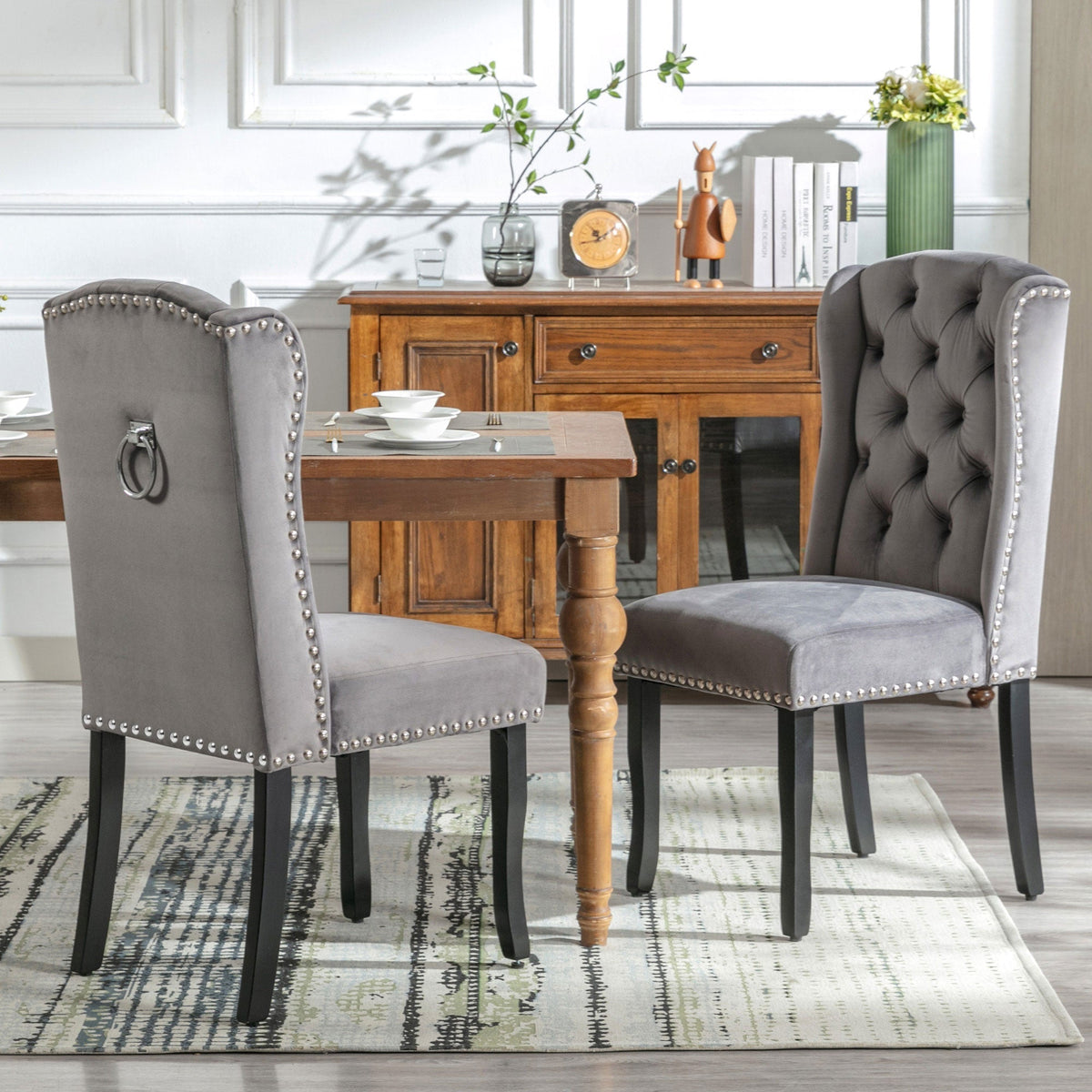 Velvet Dining Chairs Set of 2 Oak Legs Nailhead Trim - Grey