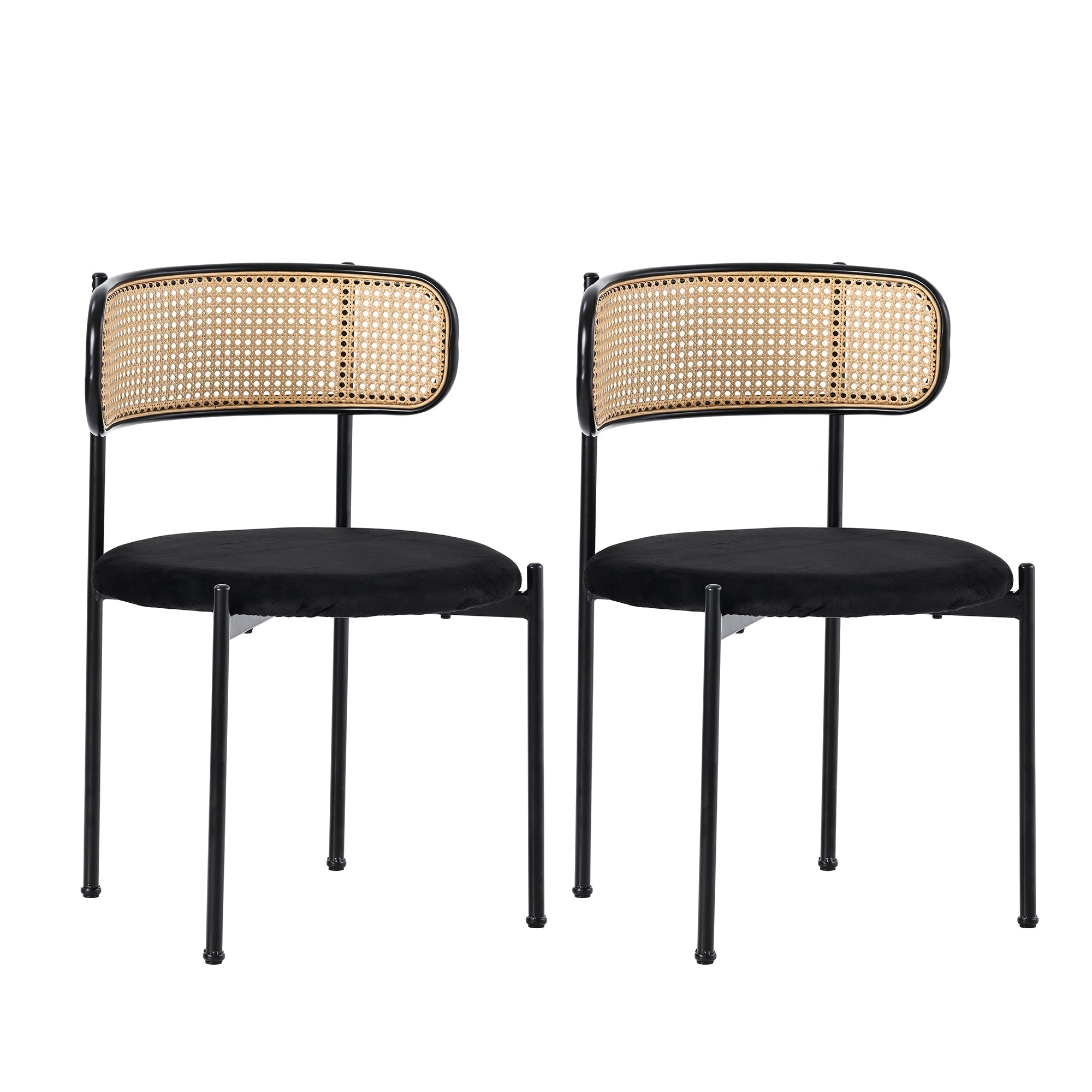 Velvet Dining Chair Set of 4 Rattan Metal Legs - Black