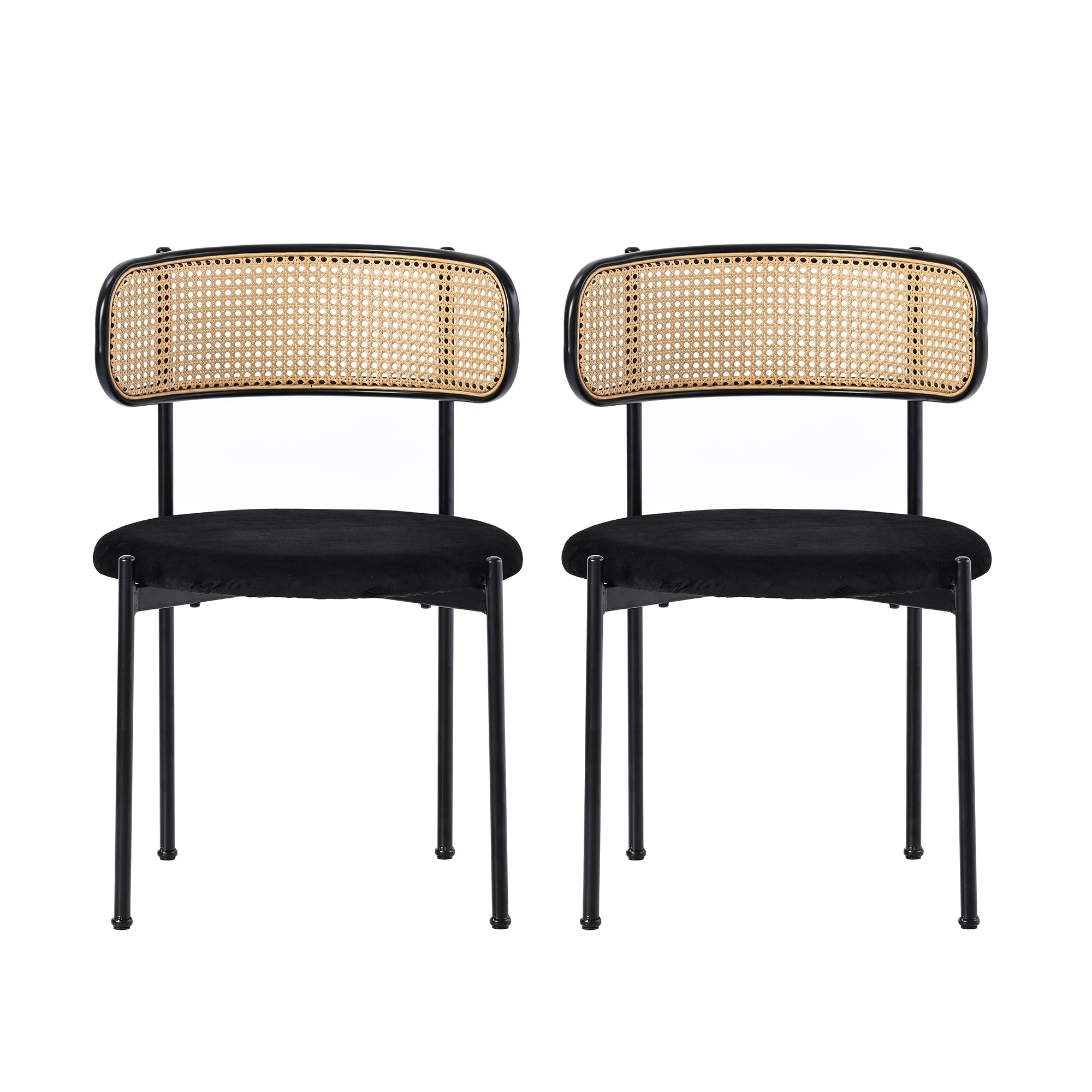 Velvet Dining Chair Set of 4 Rattan Metal Legs - Black