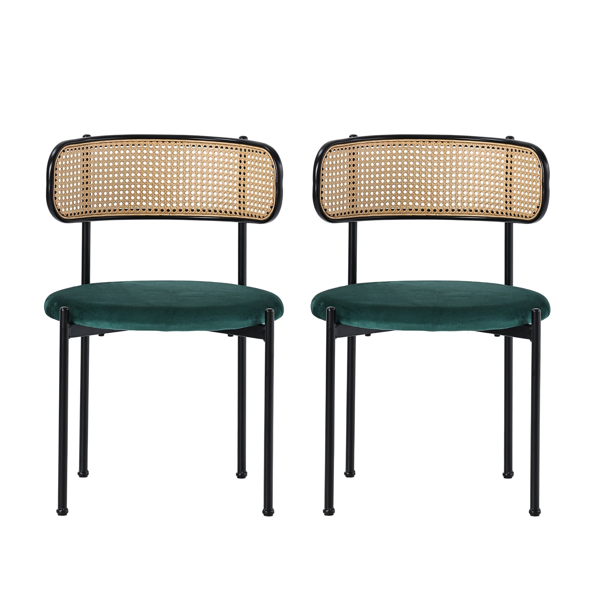 Velvet Dining Chair Set of 6, Modern Rattan Leisure Chair with Metal Legs, Green
