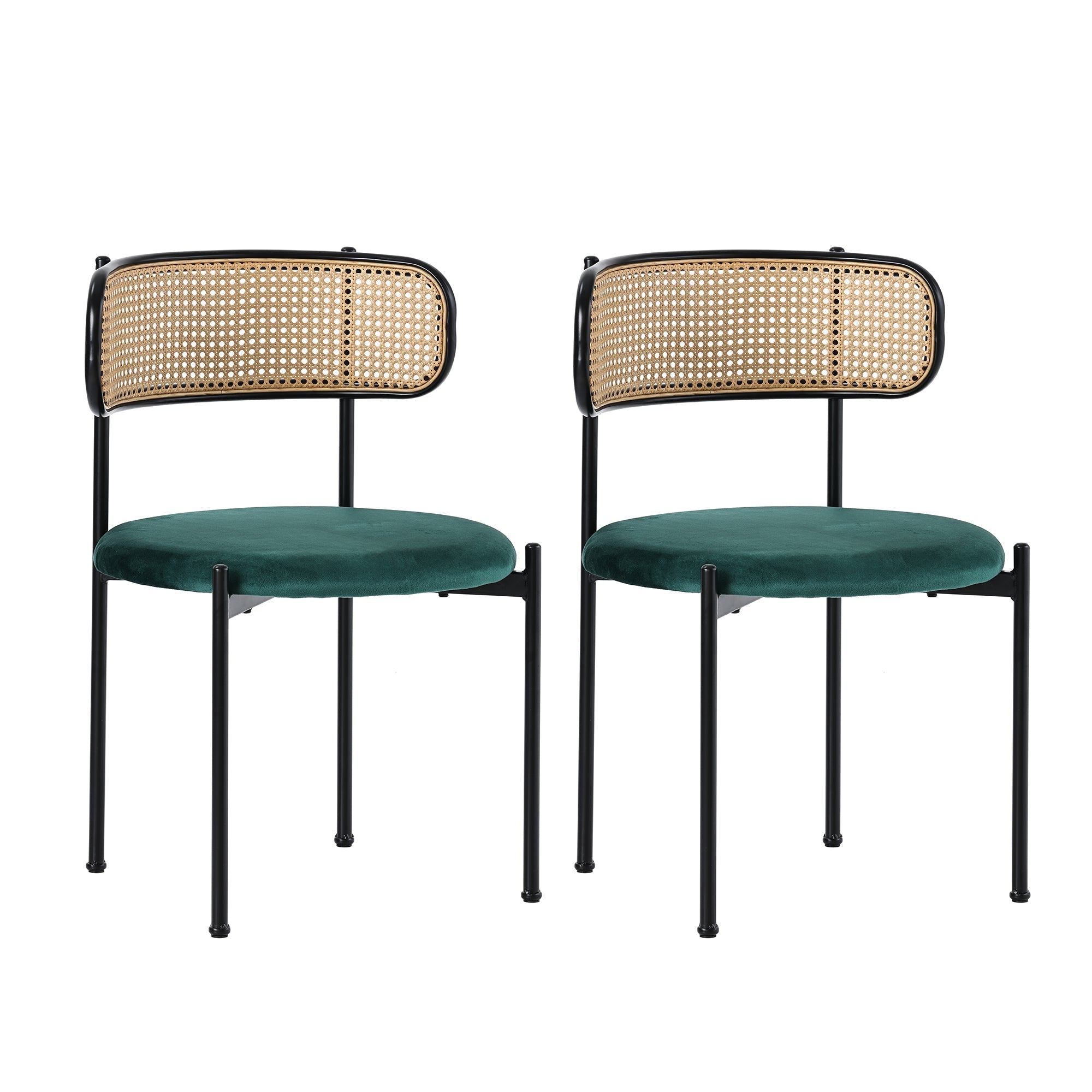 Velvet Dining Chair Set of 6, Modern Rattan Leisure Chair with Metal Legs, Green