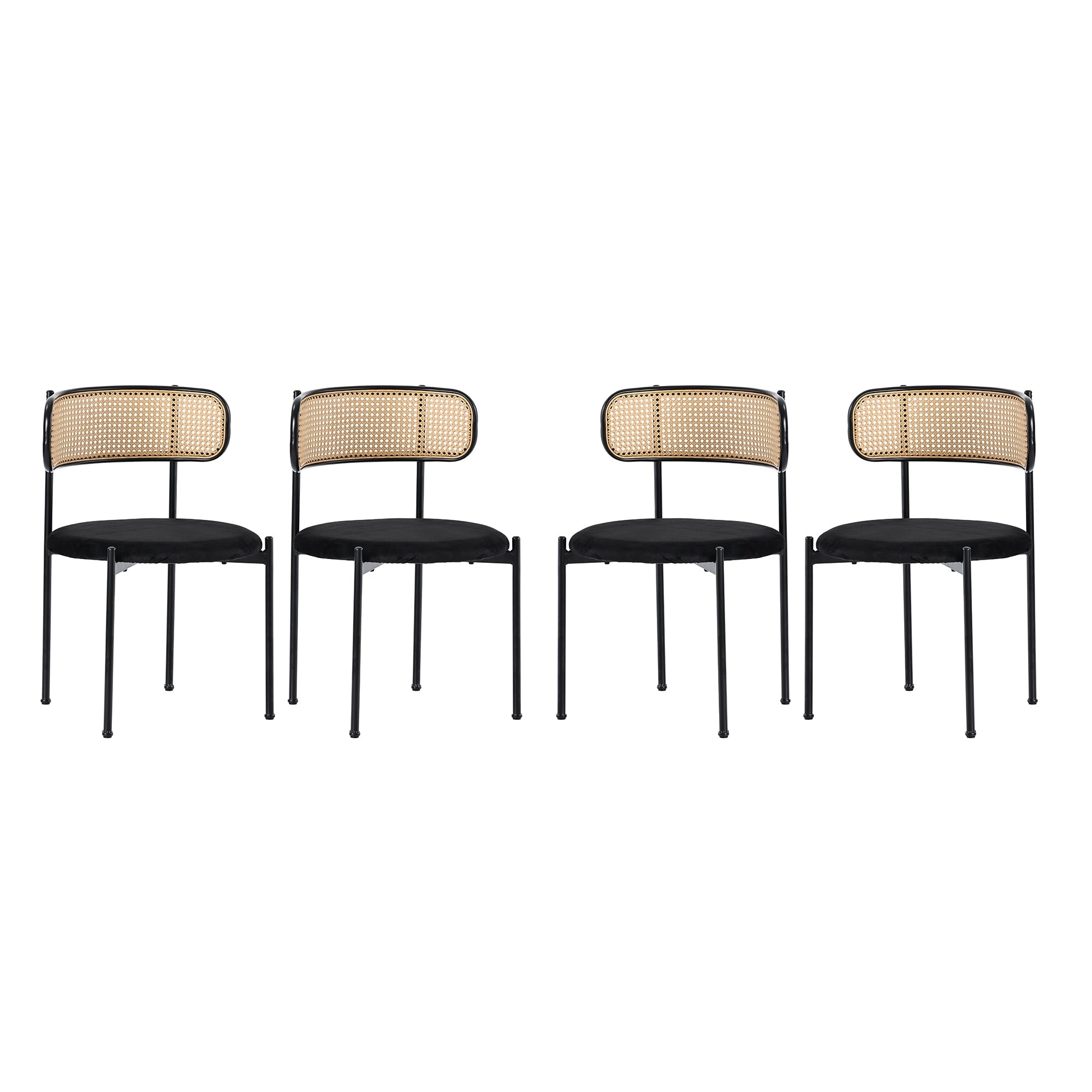 Velvet Dining Chair Set of 4 Rattan Metal Legs - Black