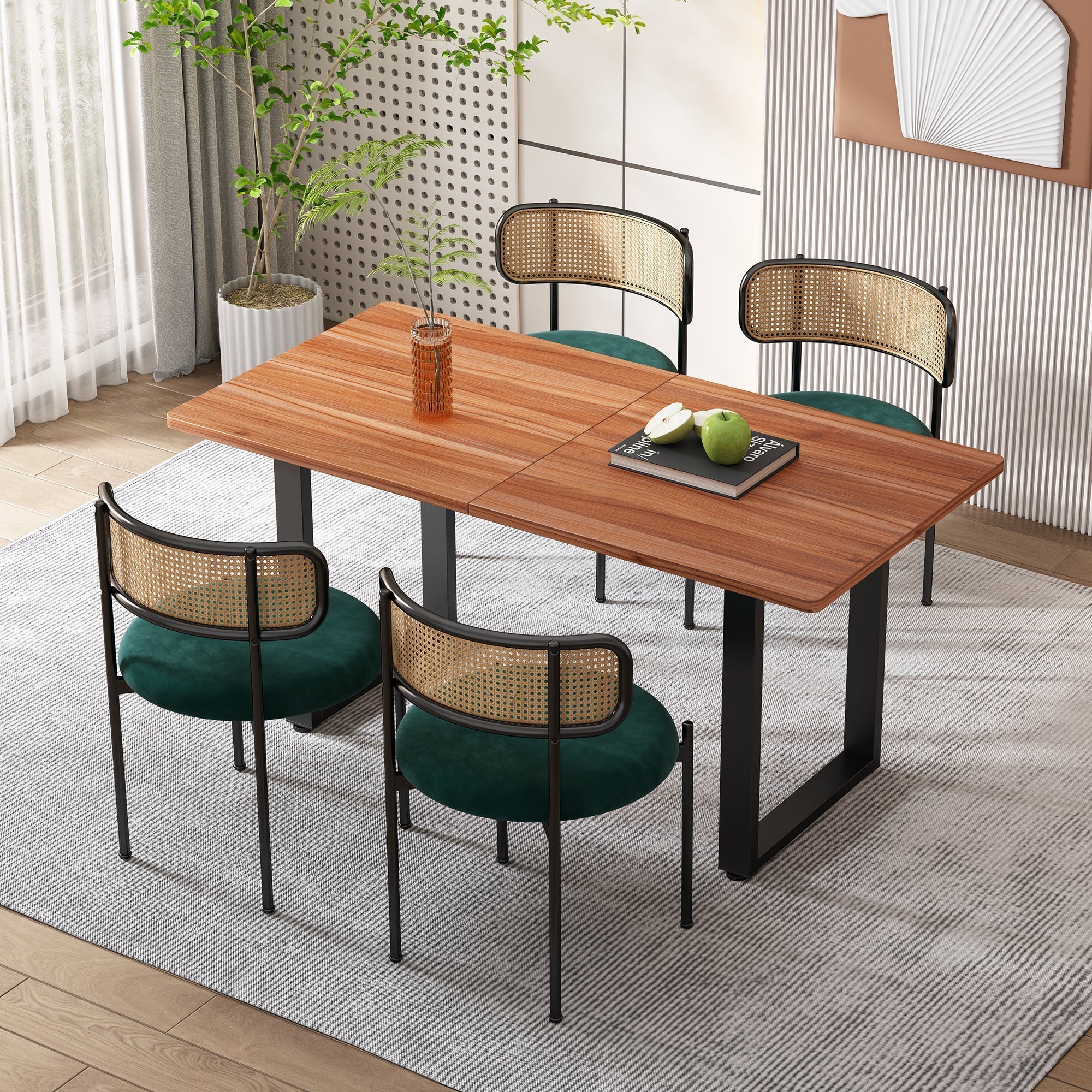 Velvet Dining Chair Set of 6, Modern Rattan Leisure Chair with Metal Legs, Green