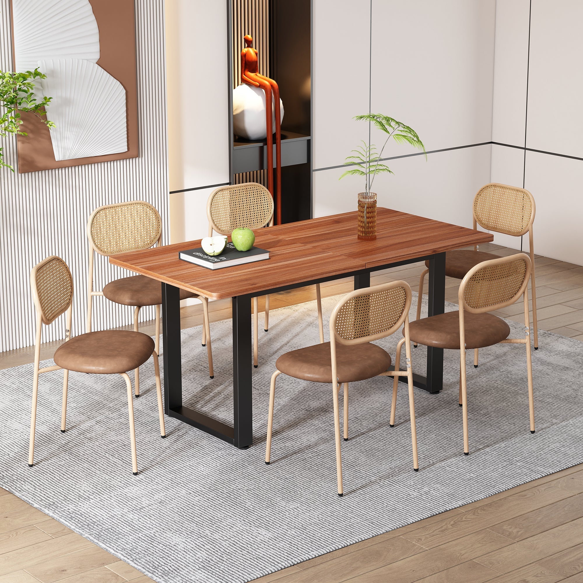 Dining Chairs Set of 4 Rattan Metal Legs Modern Style - Brown