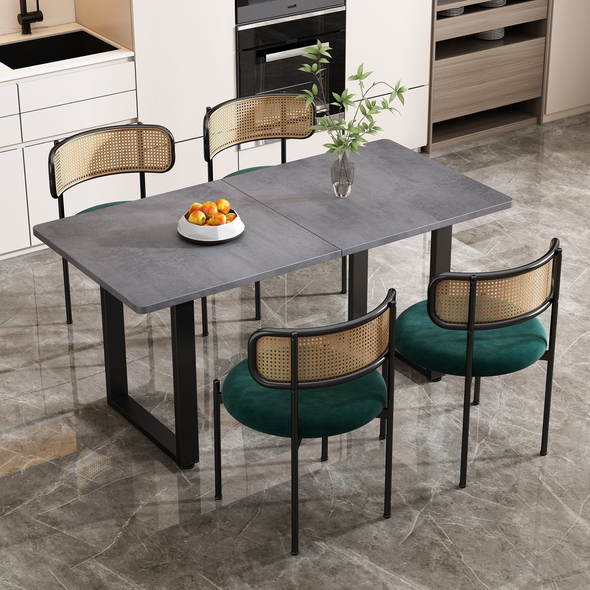 Velvet Dining Chair Set of 6, Modern Rattan Leisure Chair with Metal Legs, Green