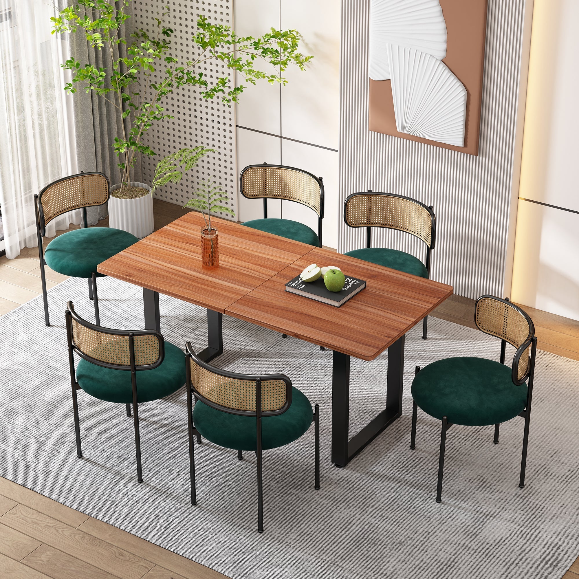 Velvet Dining Chair Set of 6, Modern Rattan Leisure Chair with Metal Legs, Green