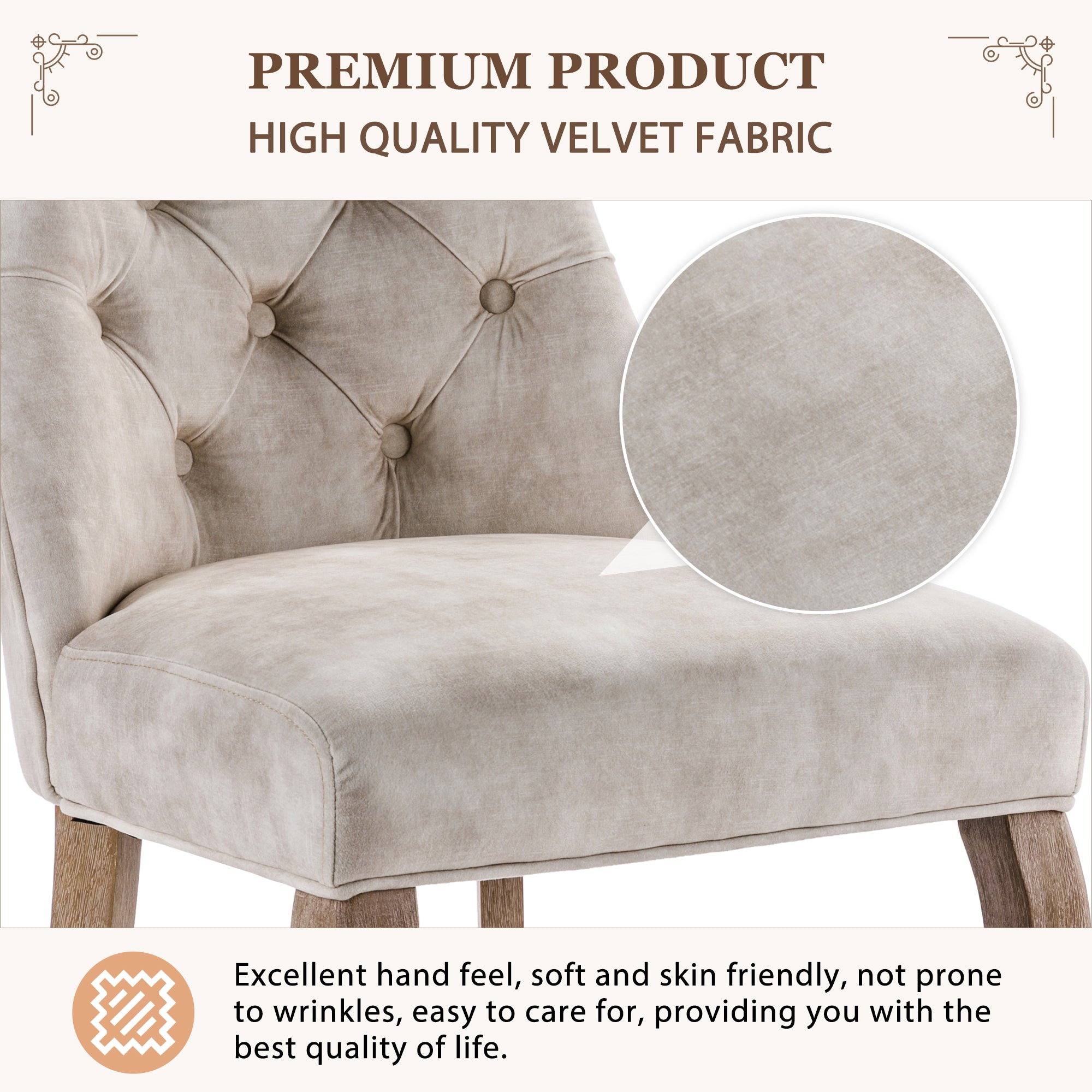 4-Legged Dining Chair Set, High Back Button Tufted Solid Wood (Set of 4), Light Beige Velvet