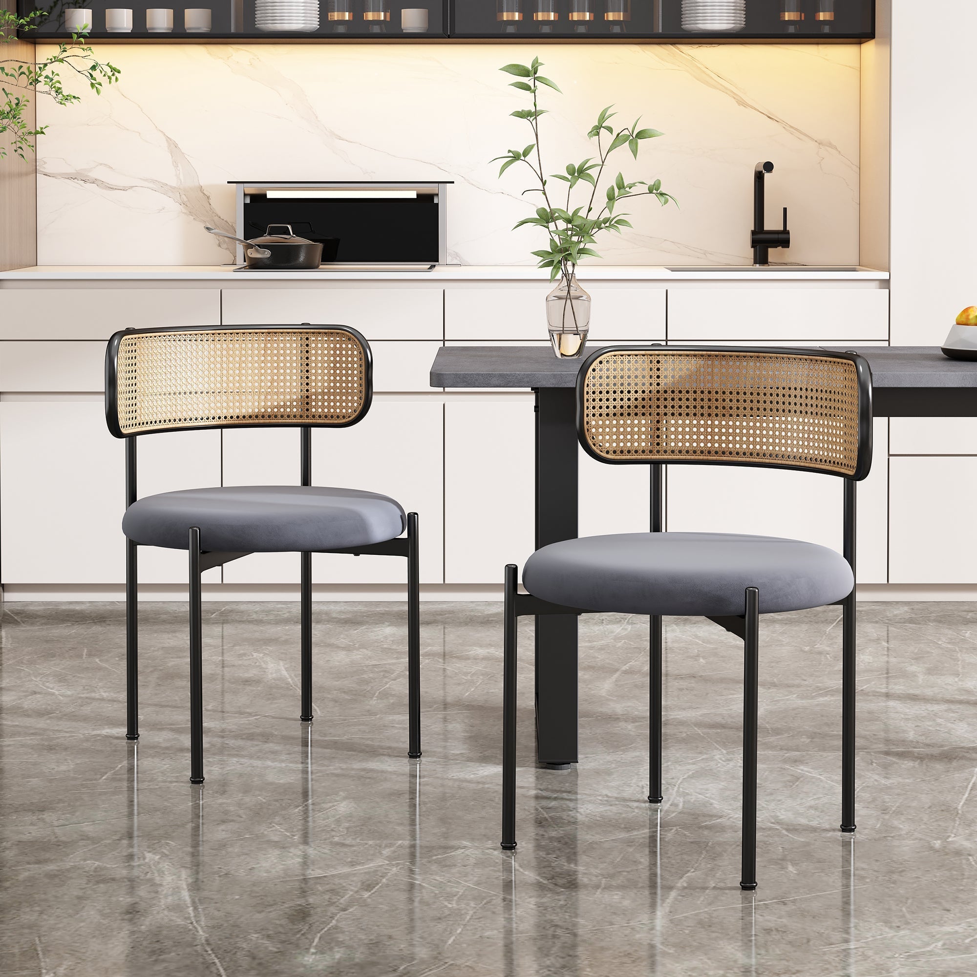 Velvet Dining Chair Set of 2 Rattan Metal Legs - Grey
