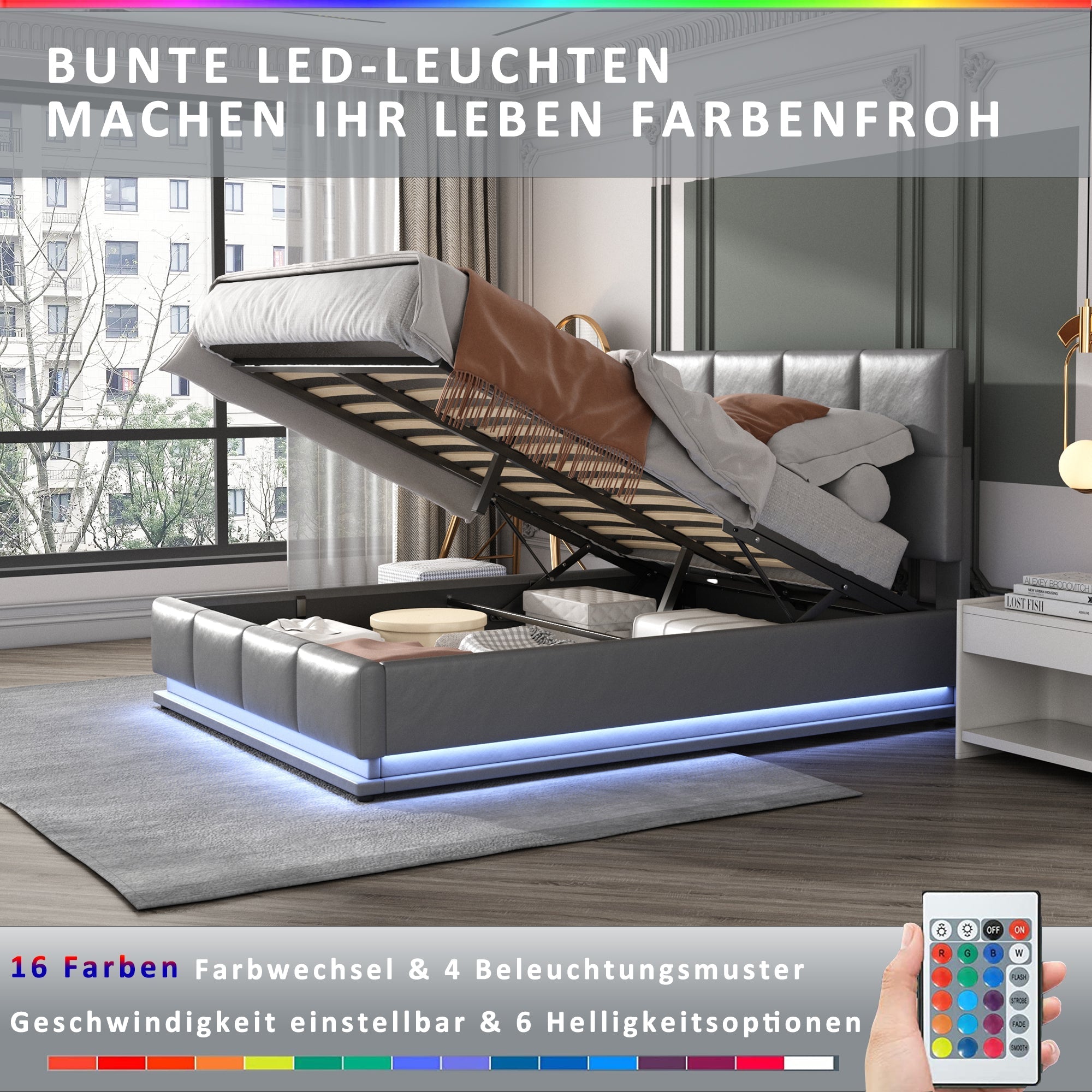 Upholstered Bed, 160x200cm, LED, Hydraulic Storage, Grey