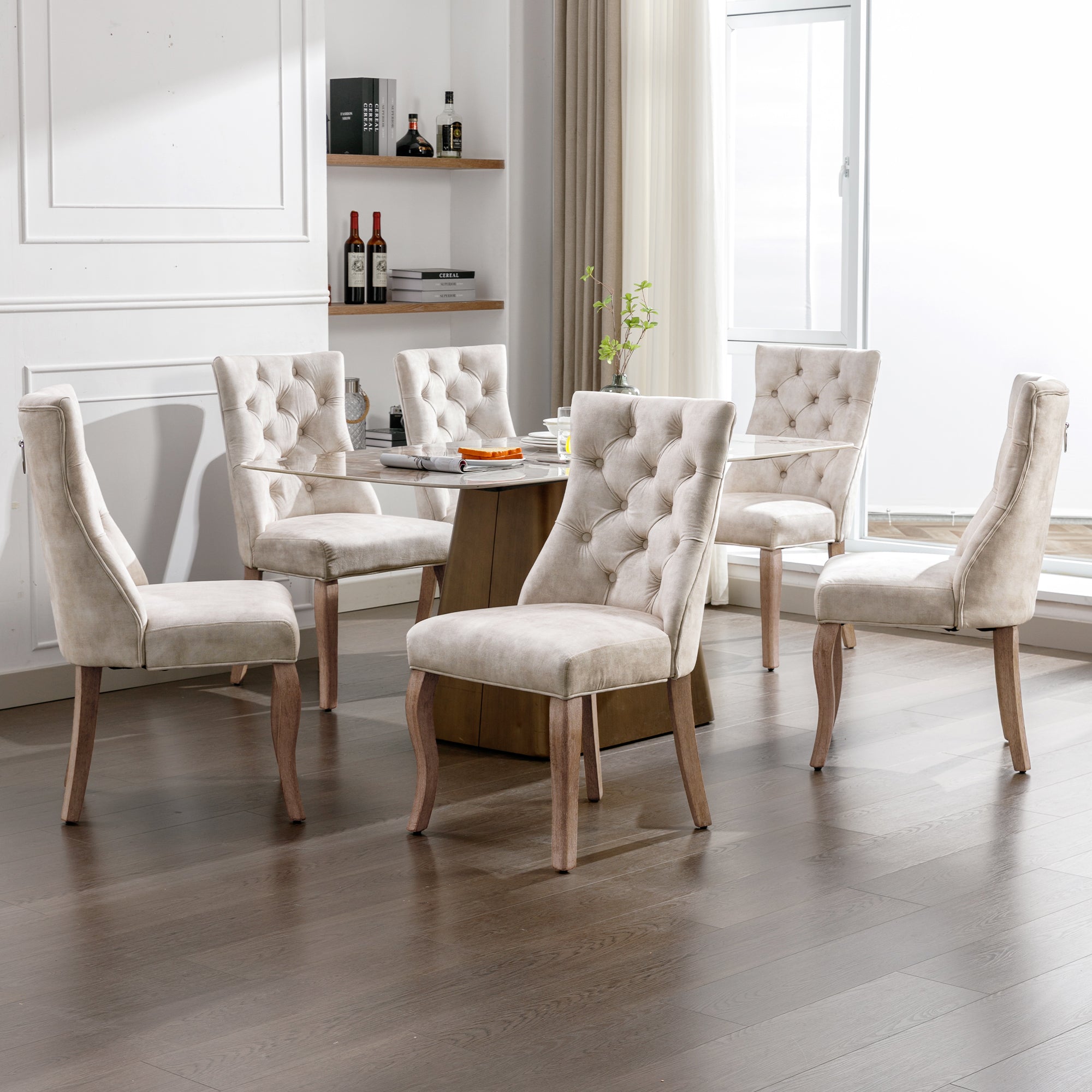Dining Chair Set of 6 High Backrest Button Tufting Light Beige Velvet Solid Wood