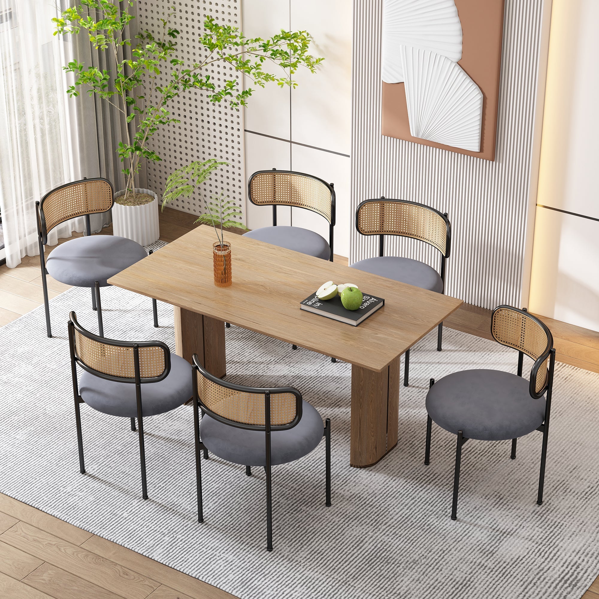Velvet Dining Chair Set of 4, Modern Rattan Design Metal Legs, Grey