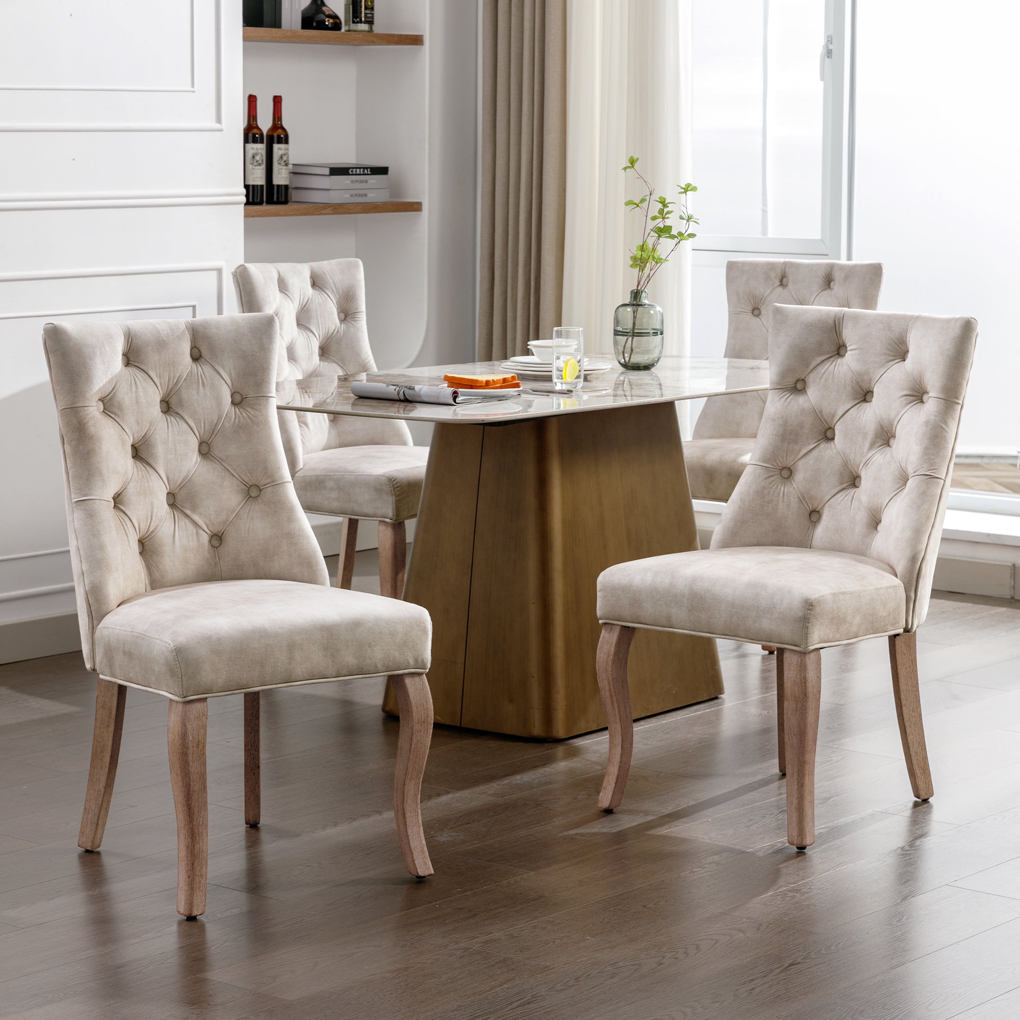 4-Legged Dining Chair Set, High Back Button Tufted Solid Wood (Set of 4), Light Beige Velvet