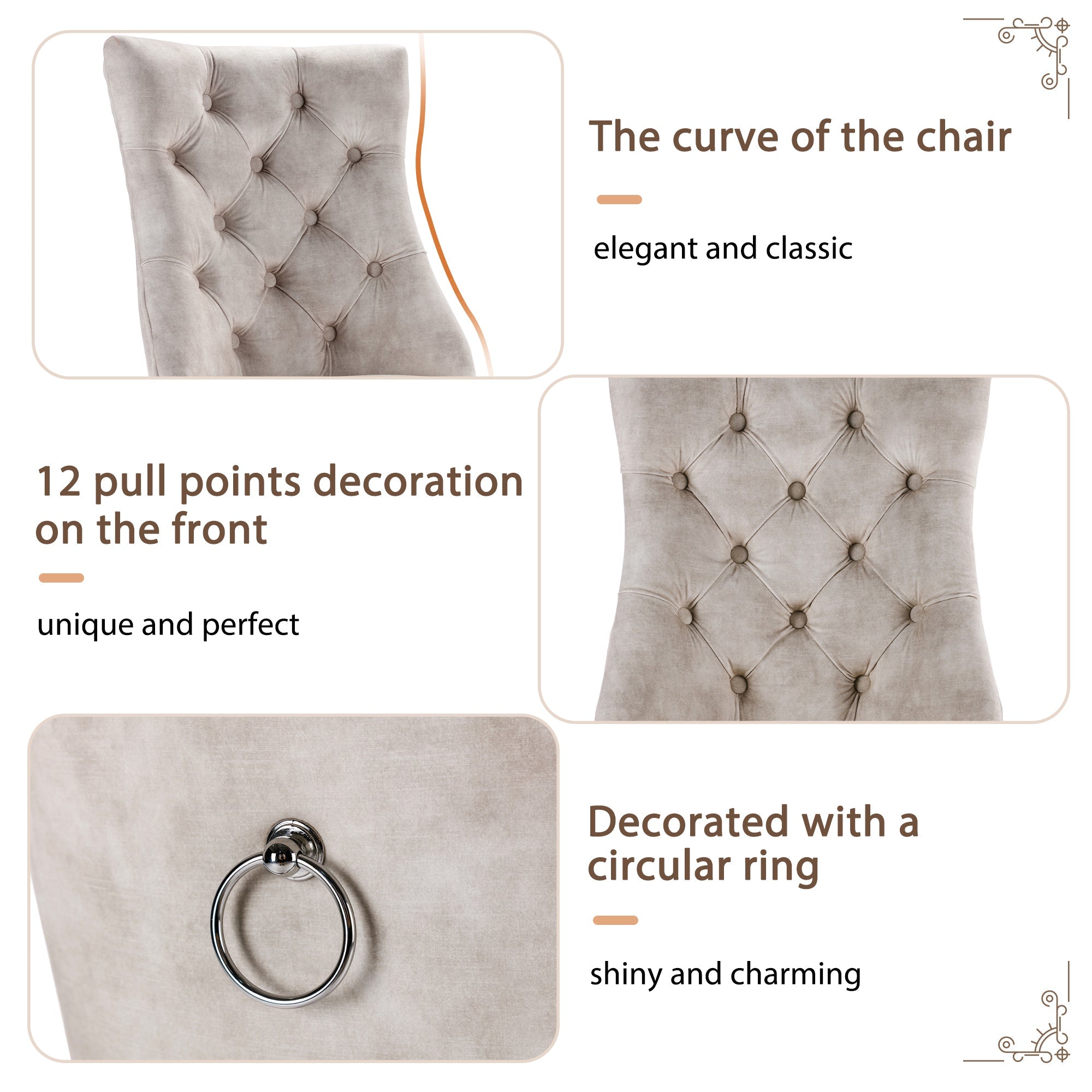 4-Legged Dining Chair Set, High Back Button Tufted Solid Wood (Set of 4), Light Beige Velvet