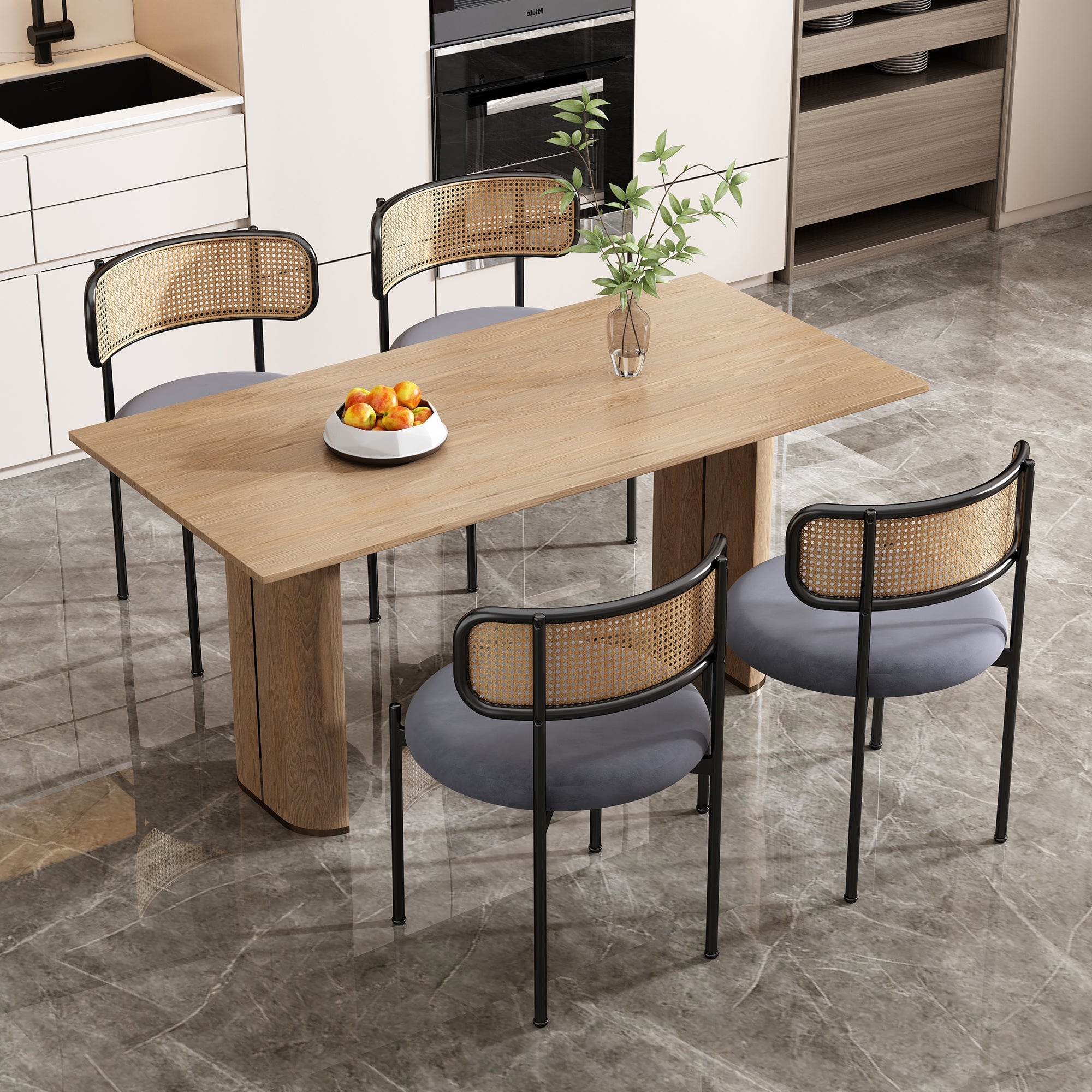 Velvet Dining Chair Set of 4, Modern Rattan Design Metal Legs, Grey