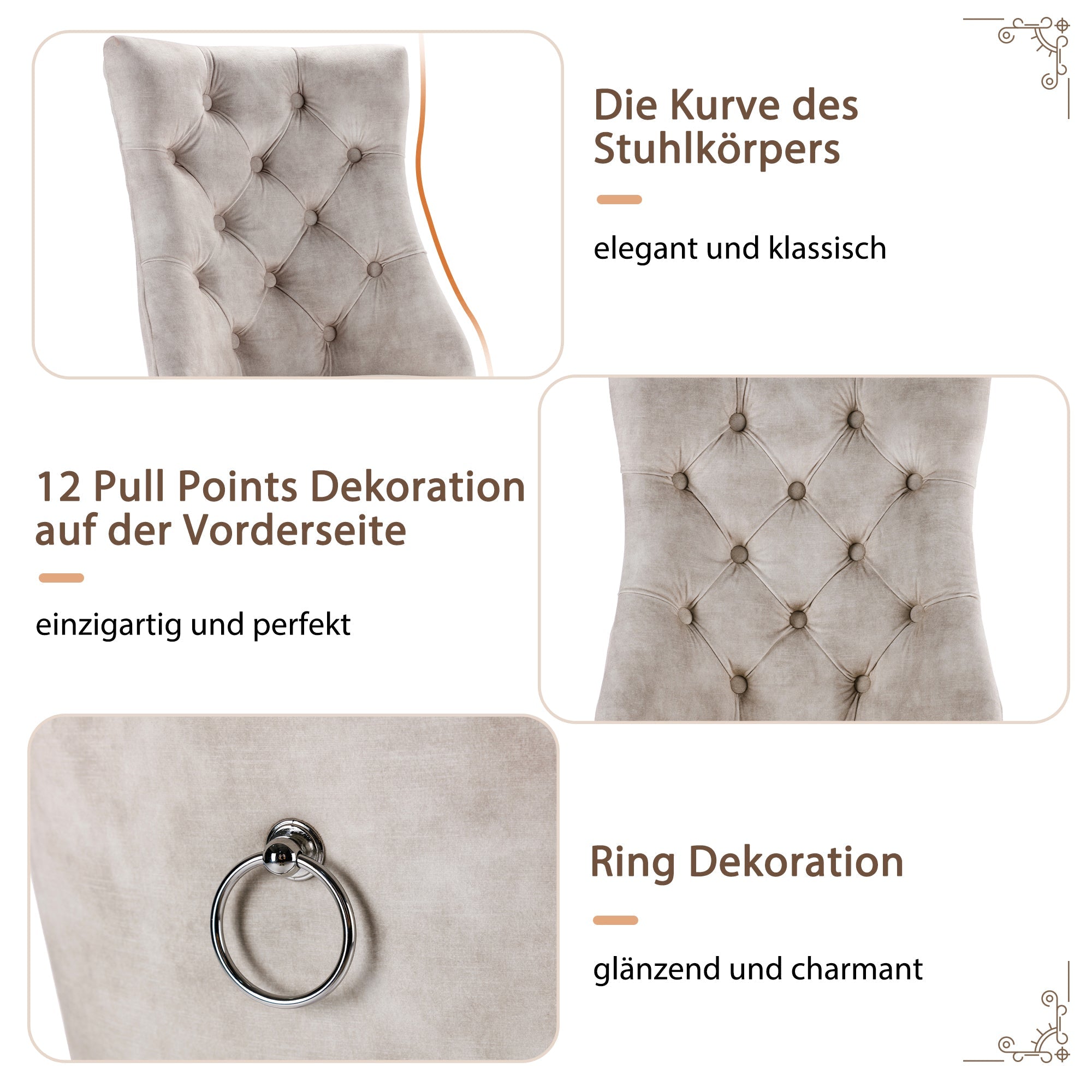 4-Legged Dining Chair Set, High Back Button Tufted Solid Wood (Set of 4), Light Beige Velvet