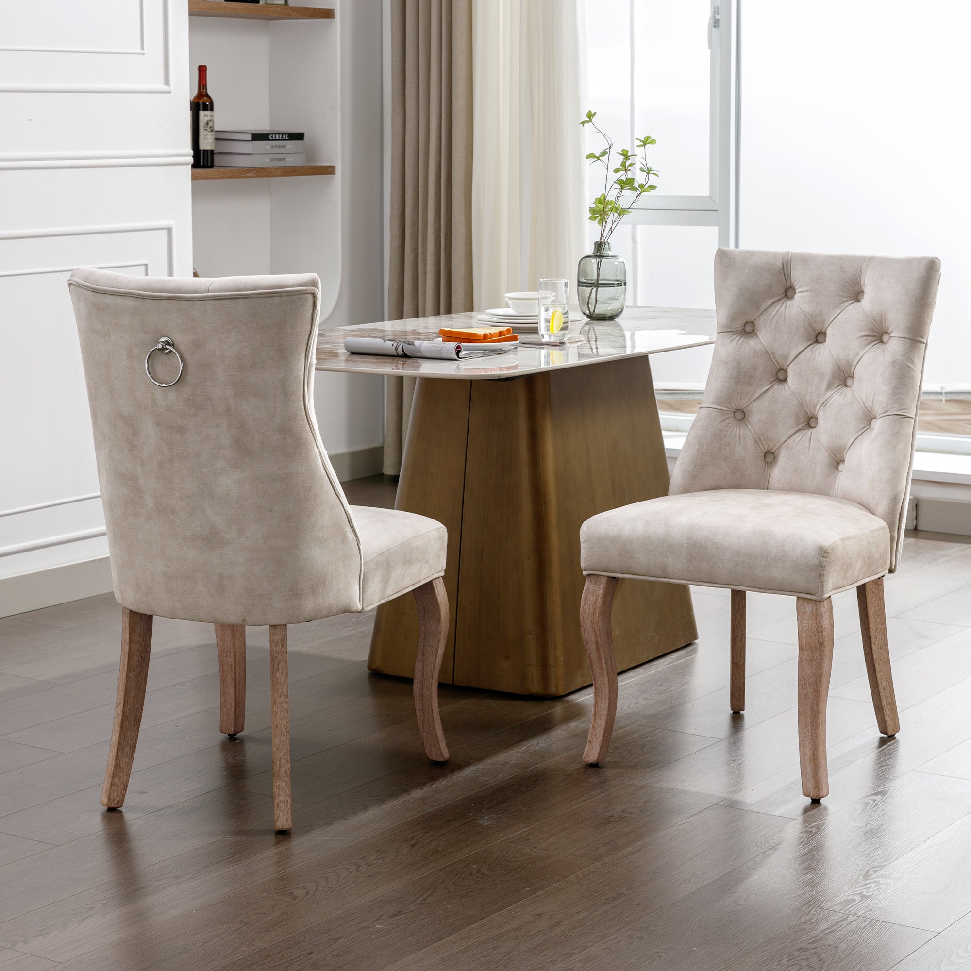 Dining Chair Set (Set of 2) High Backrest Button Tufting Solid Wood Frame Light Beige Velvet