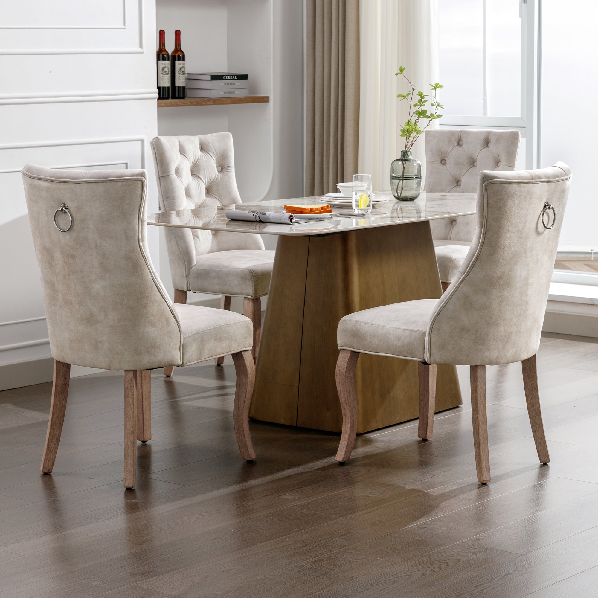 4-Legged Dining Chair Set, High Back Button Tufted Solid Wood (Set of 4), Light Beige Velvet
