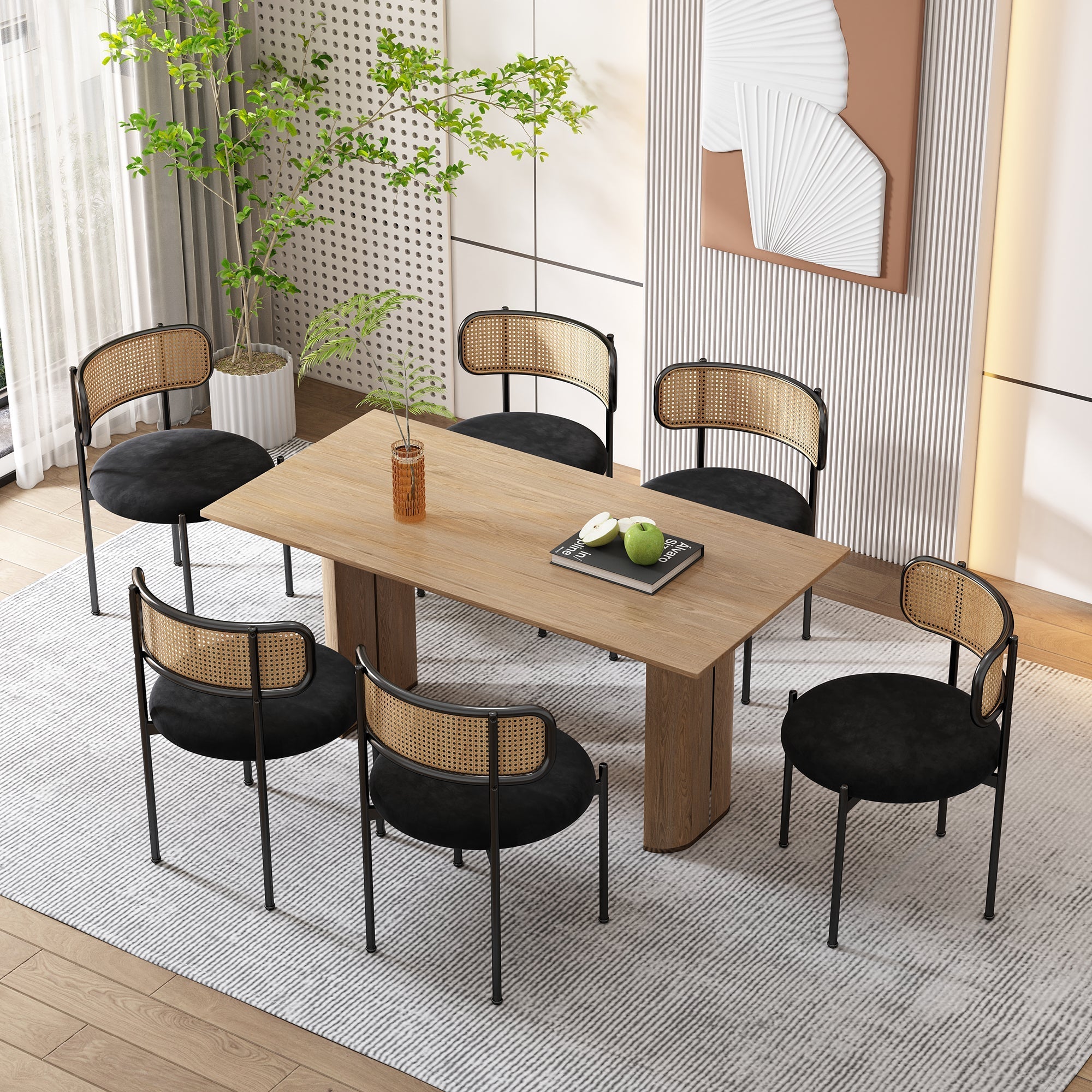Velvet Dining Chair Set of 6 Modern Rattan Metal Legs Black