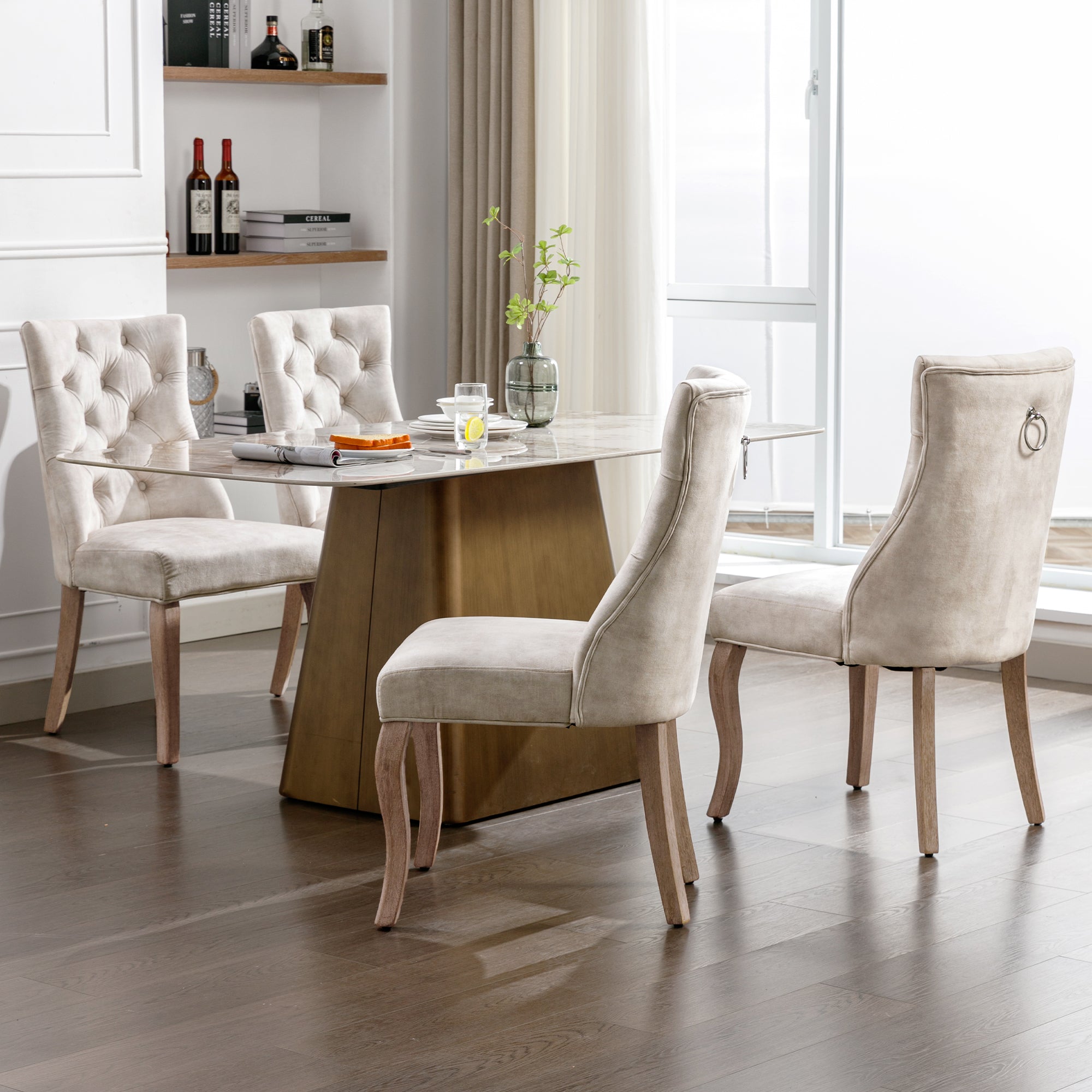 4-Legged Dining Chair Set, High Back Button Tufted Solid Wood (Set of 4), Light Beige Velvet