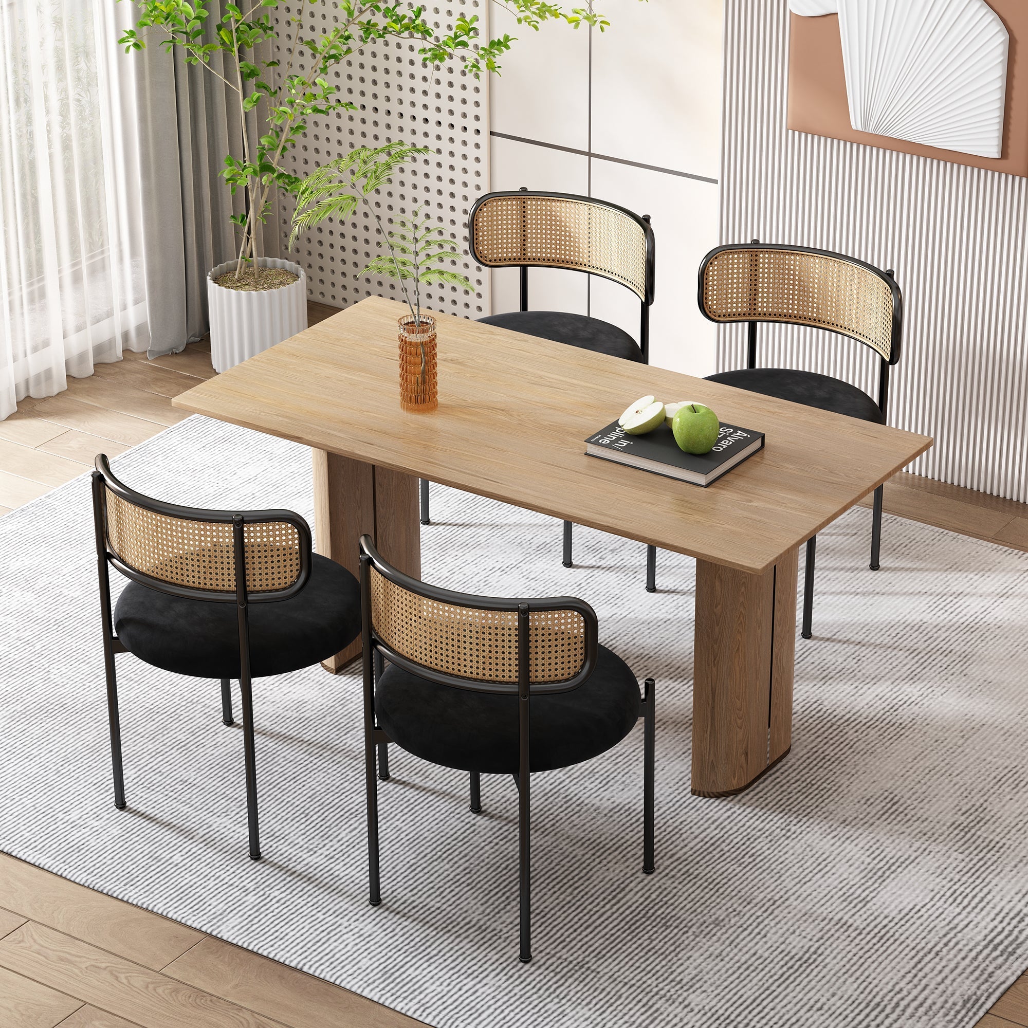 Velvet Dining Chair Set of 6 Modern Rattan Metal Legs Black