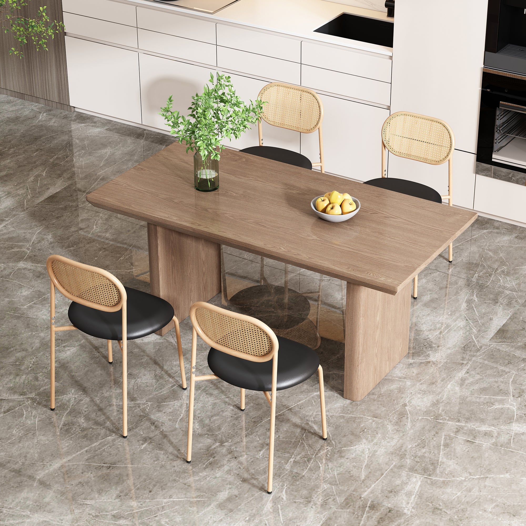 Modern Dining Chair Set of 6, Simple Rattan Leisure Seating with Metal Legs, Black and Brown