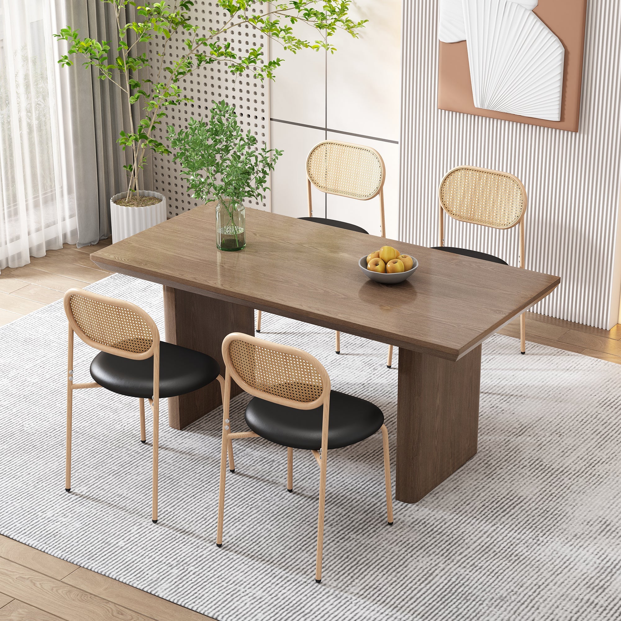 Modern Dining Chair Set of 6, Simple Rattan Leisure Seating with Metal Legs, Black and Brown