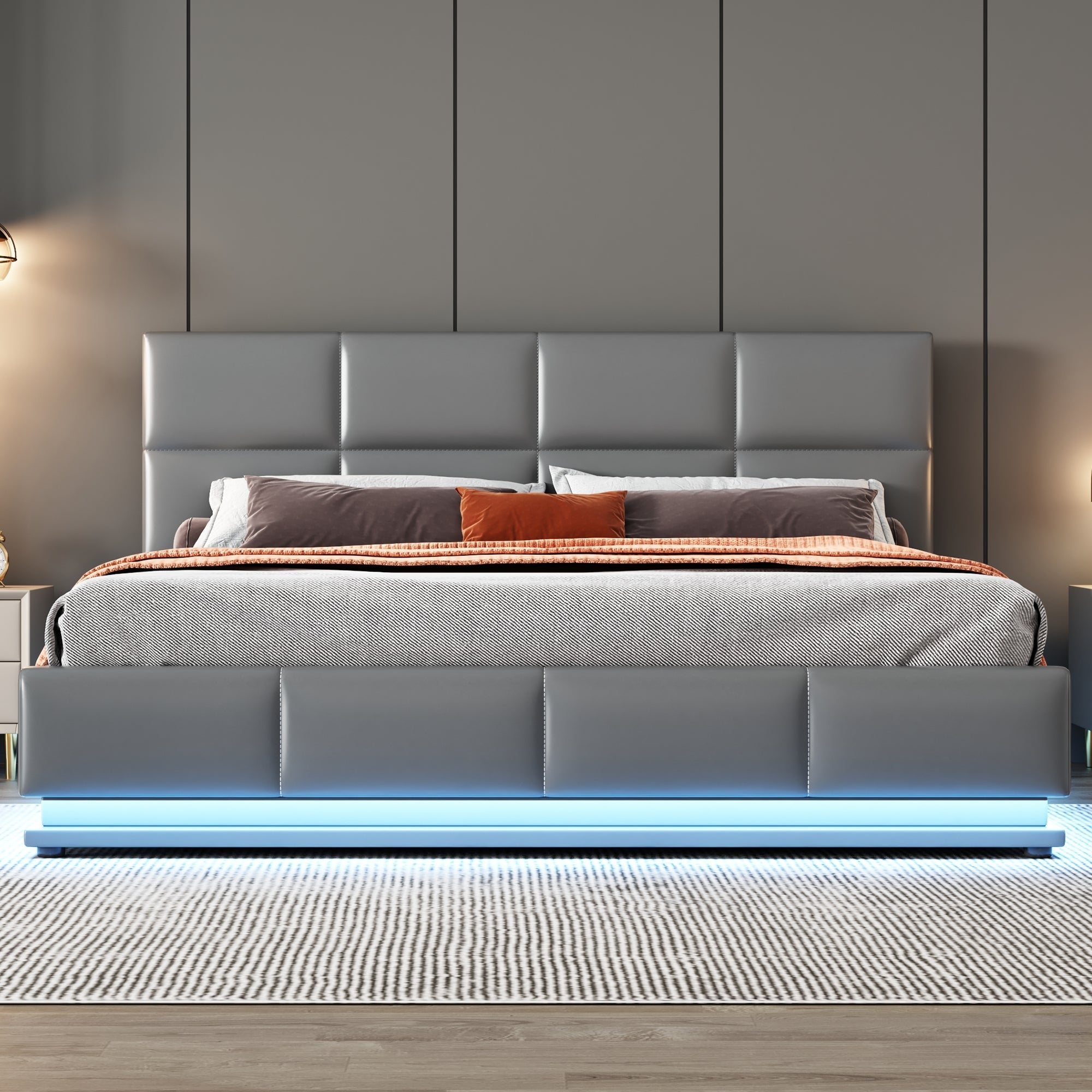 Upholstered Bed, 160x200cm, LED, Hydraulic Storage, Grey