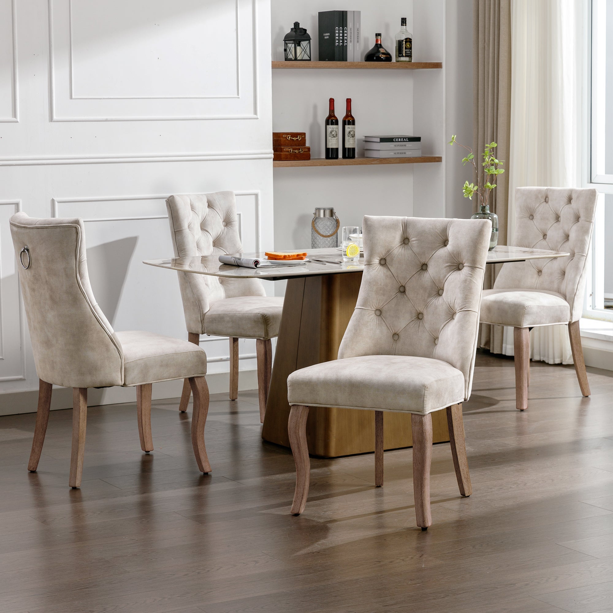 4-Legged Dining Chair Set, High Back Button Tufted Solid Wood (Set of 4), Light Beige Velvet