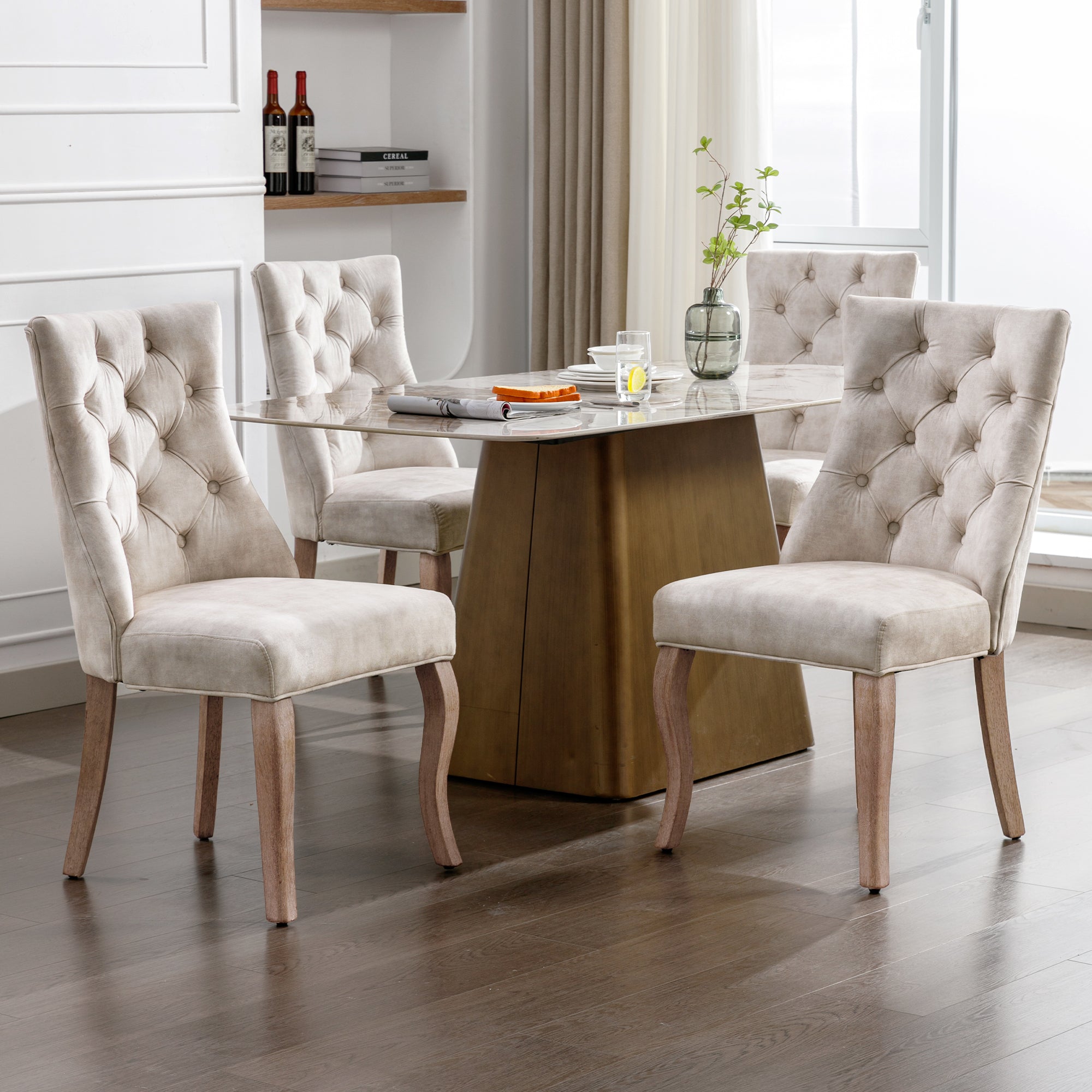 4-Legged Dining Chair Set, High Back Button Tufted Solid Wood (Set of 4), Light Beige Velvet