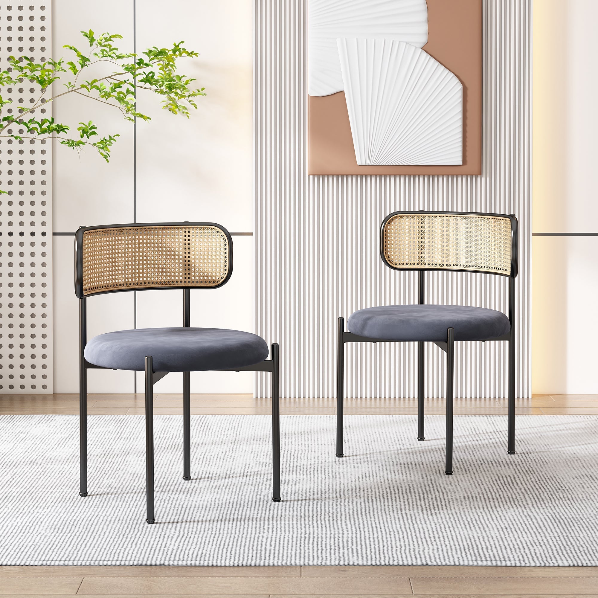 Velvet Dining Chair Set of 2 Rattan Metal Legs - Grey