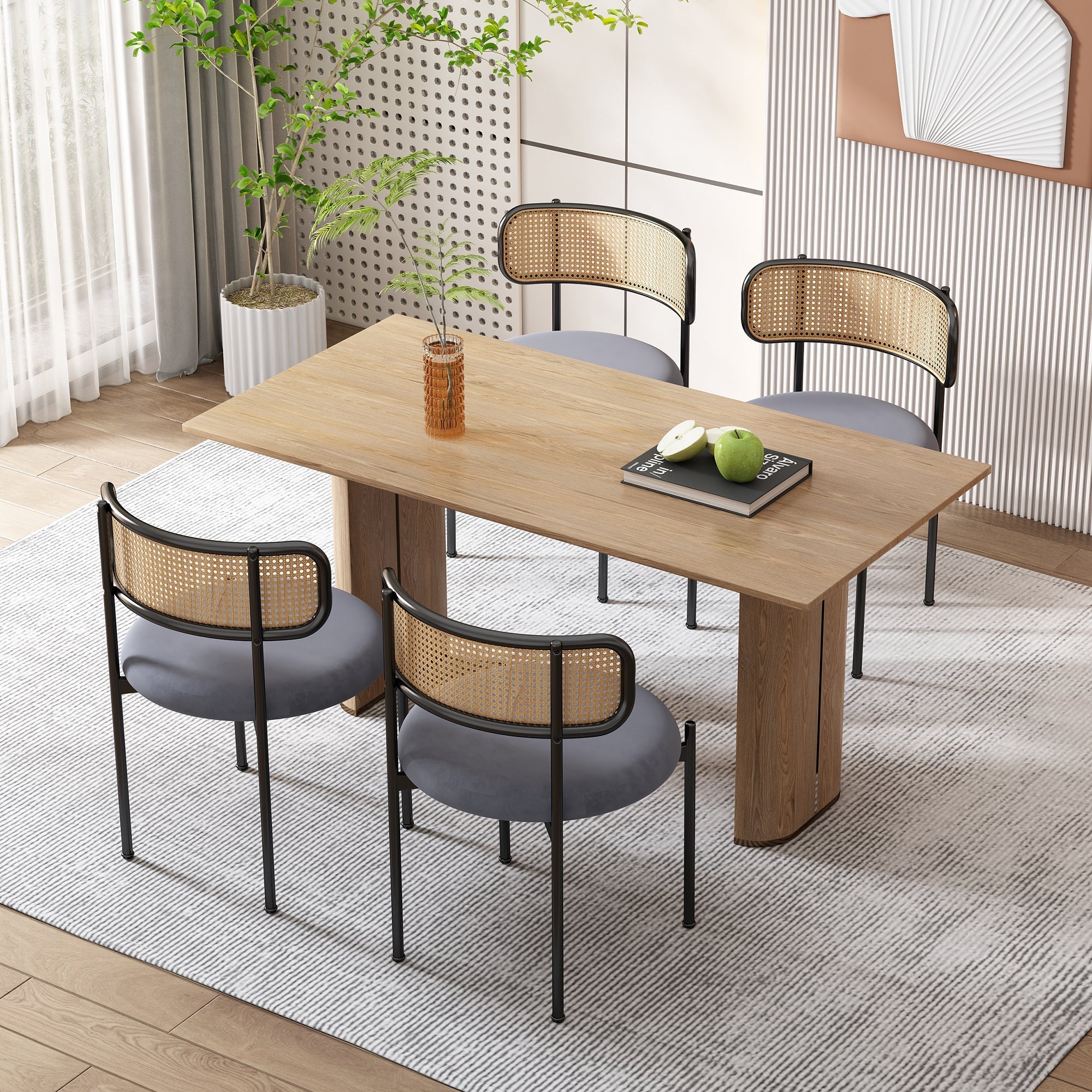 Velvet Dining Chair Set of 4, Modern Rattan Design Metal Legs, Grey