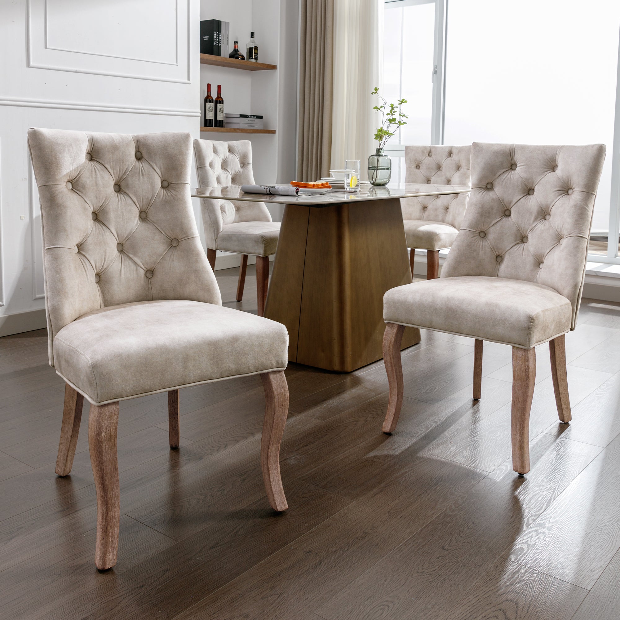 4-Legged Dining Chair Set, High Back Button Tufted Solid Wood (Set of 4), Light Beige Velvet