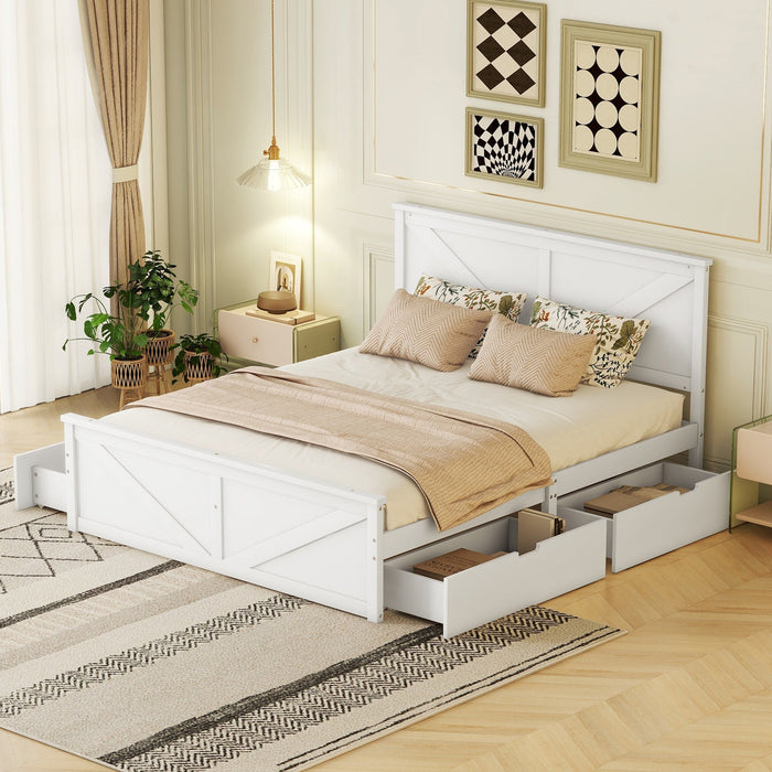 Wooden Platform Bed with 4 Storage Drawers, 160x200, White