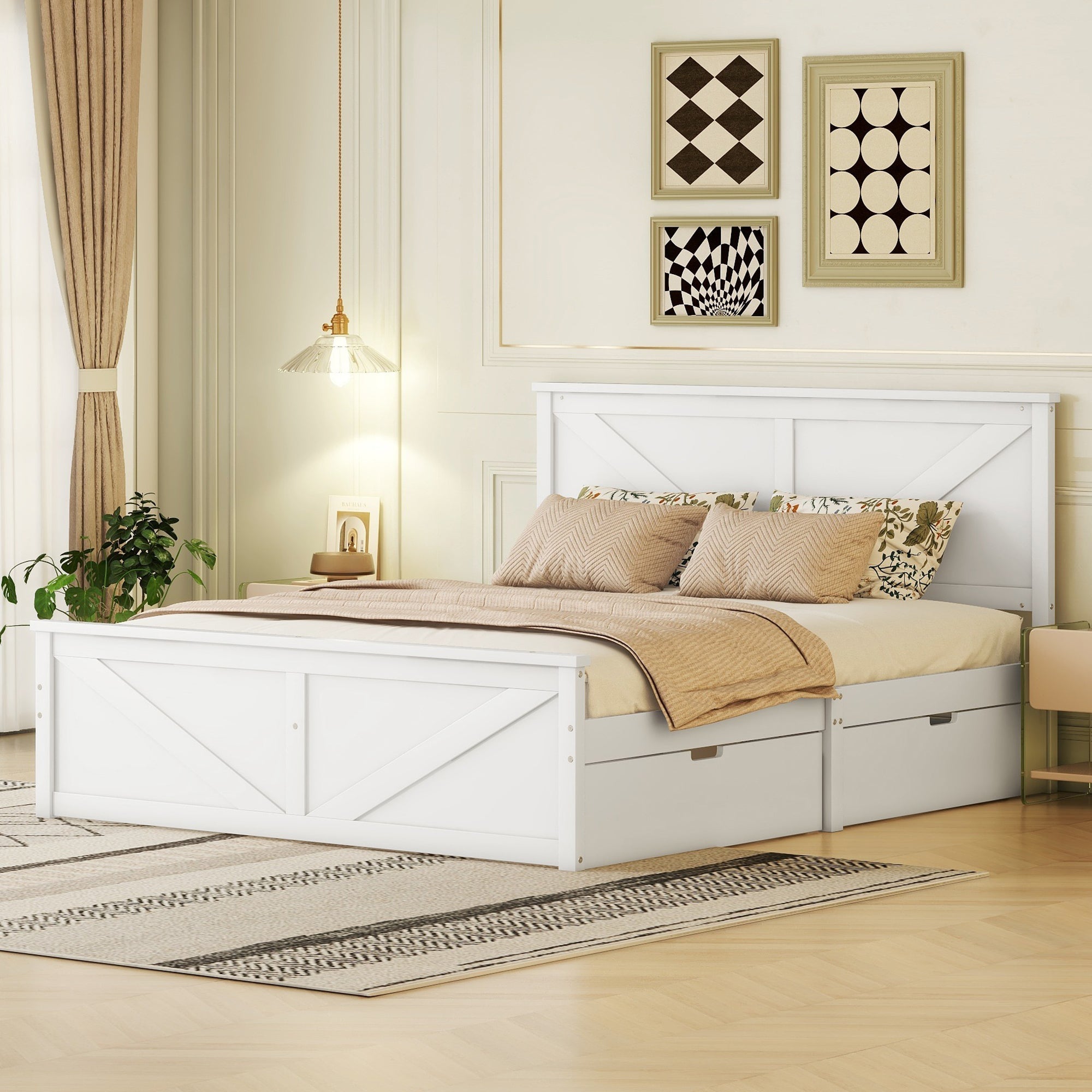 Wooden Platform Bed with 4 Storage Drawers, 160x200, White
