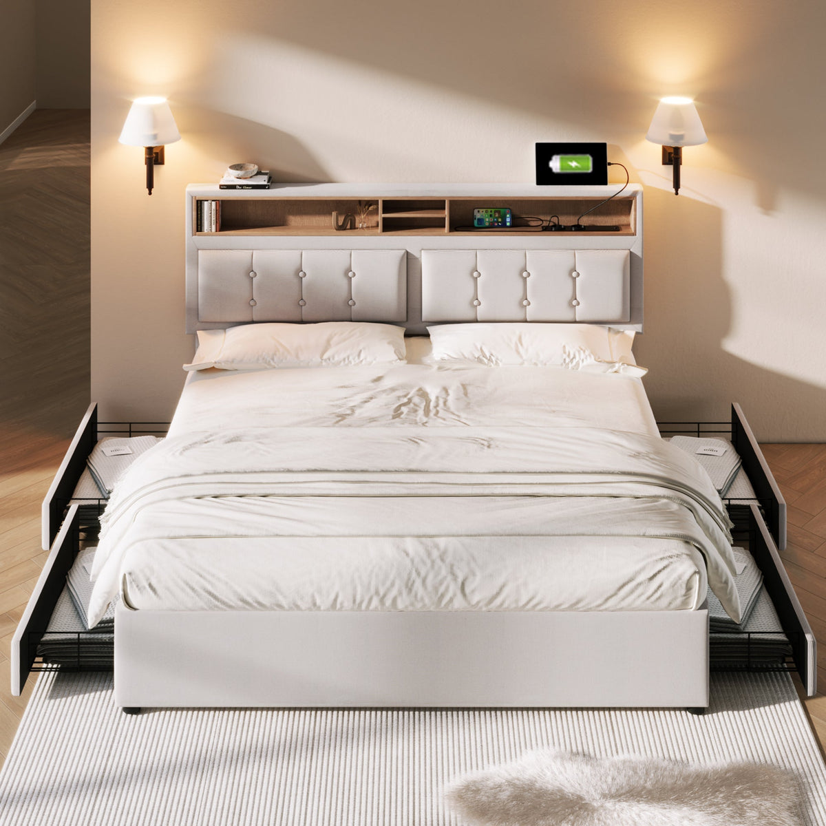 Double Bed with 4 Drawers, USB C, Adjustable Headboard, 140x200cm Wooden Slatted Frame