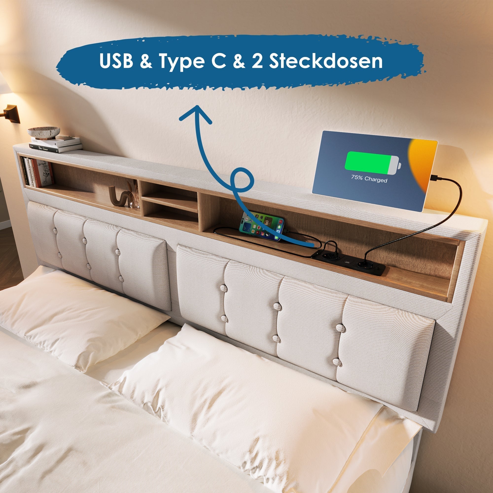Upholstered Double Bed, USB-C Charging Headboard Storage 140x200, Linen Material