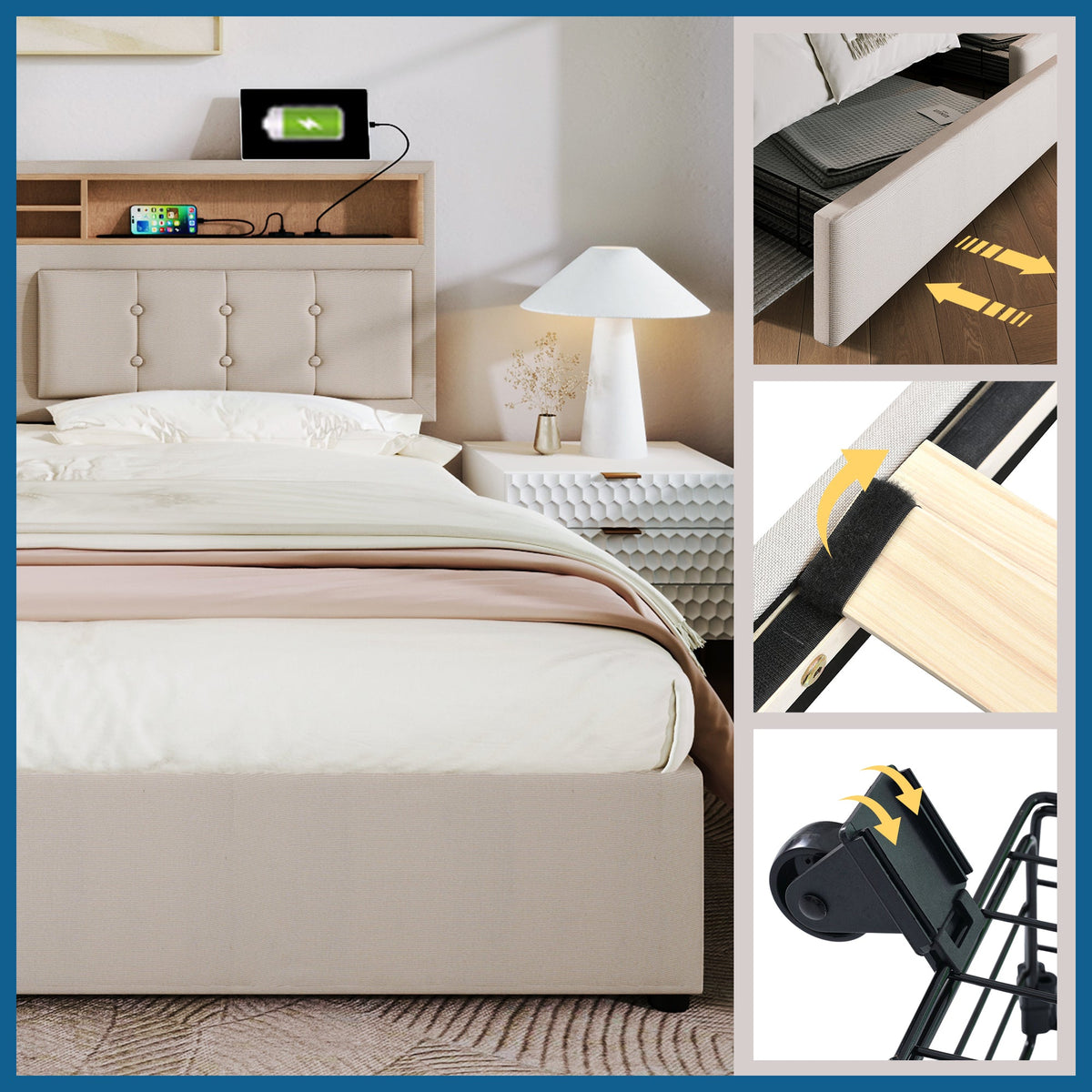 Double Bed with 4 Drawers, USB C, Adjustable Headboard, 140x200cm Wooden Slatted Frame