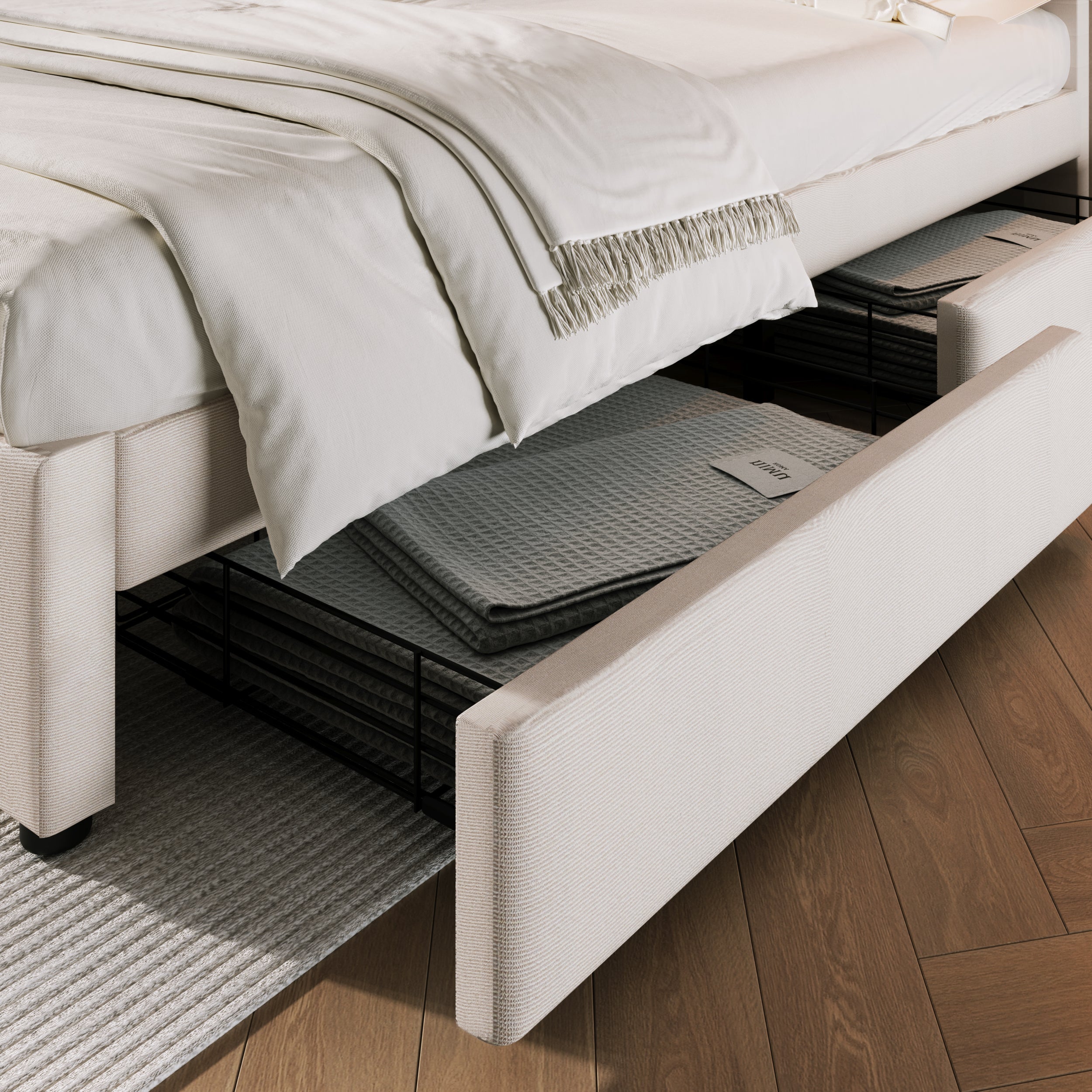 Double Bed, 4 Drawers USB C, Upholstered Adjustable Headboard, Wood